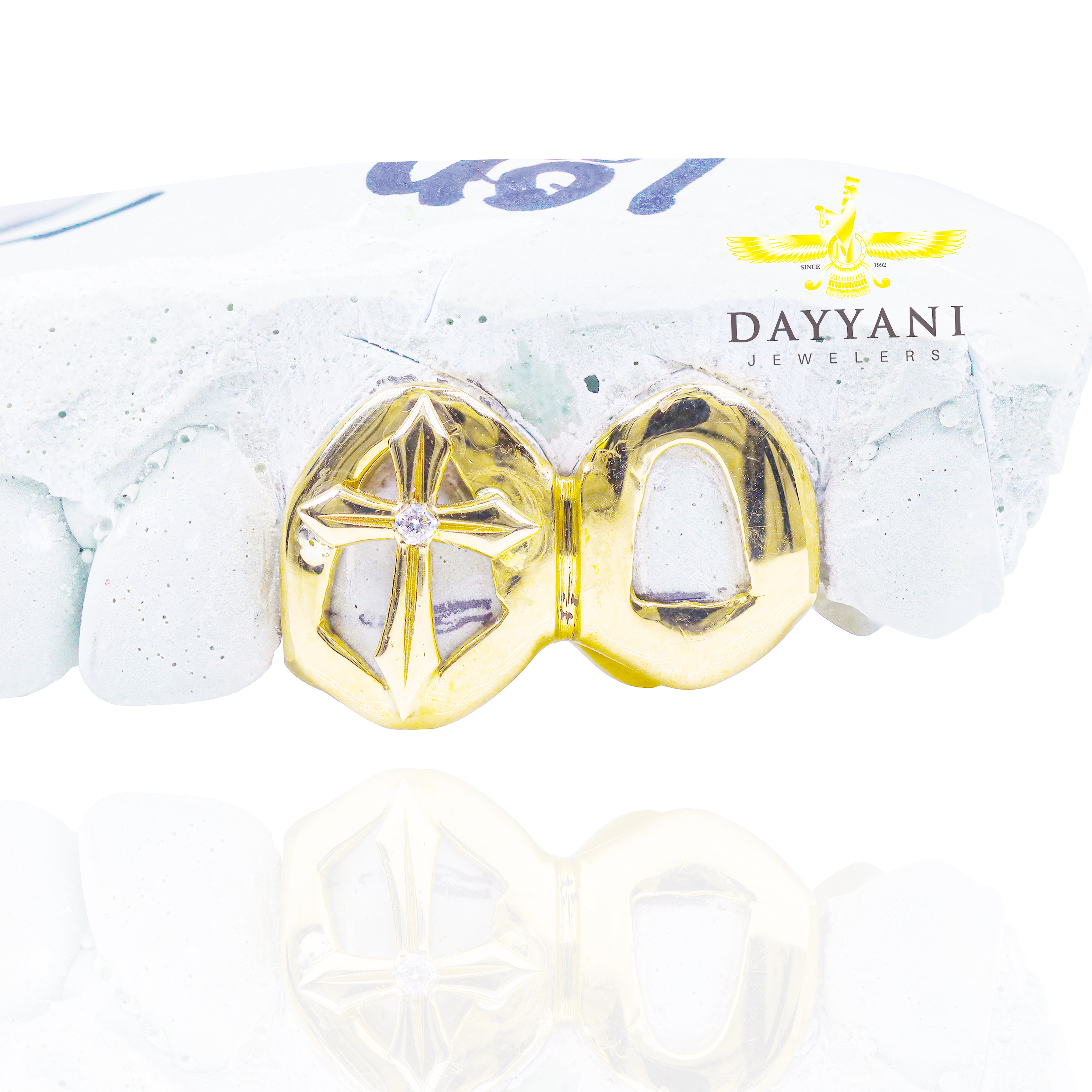 Custom Two Teeth Open Face Roman Cross with One Stone Grillz Custom Grillz
