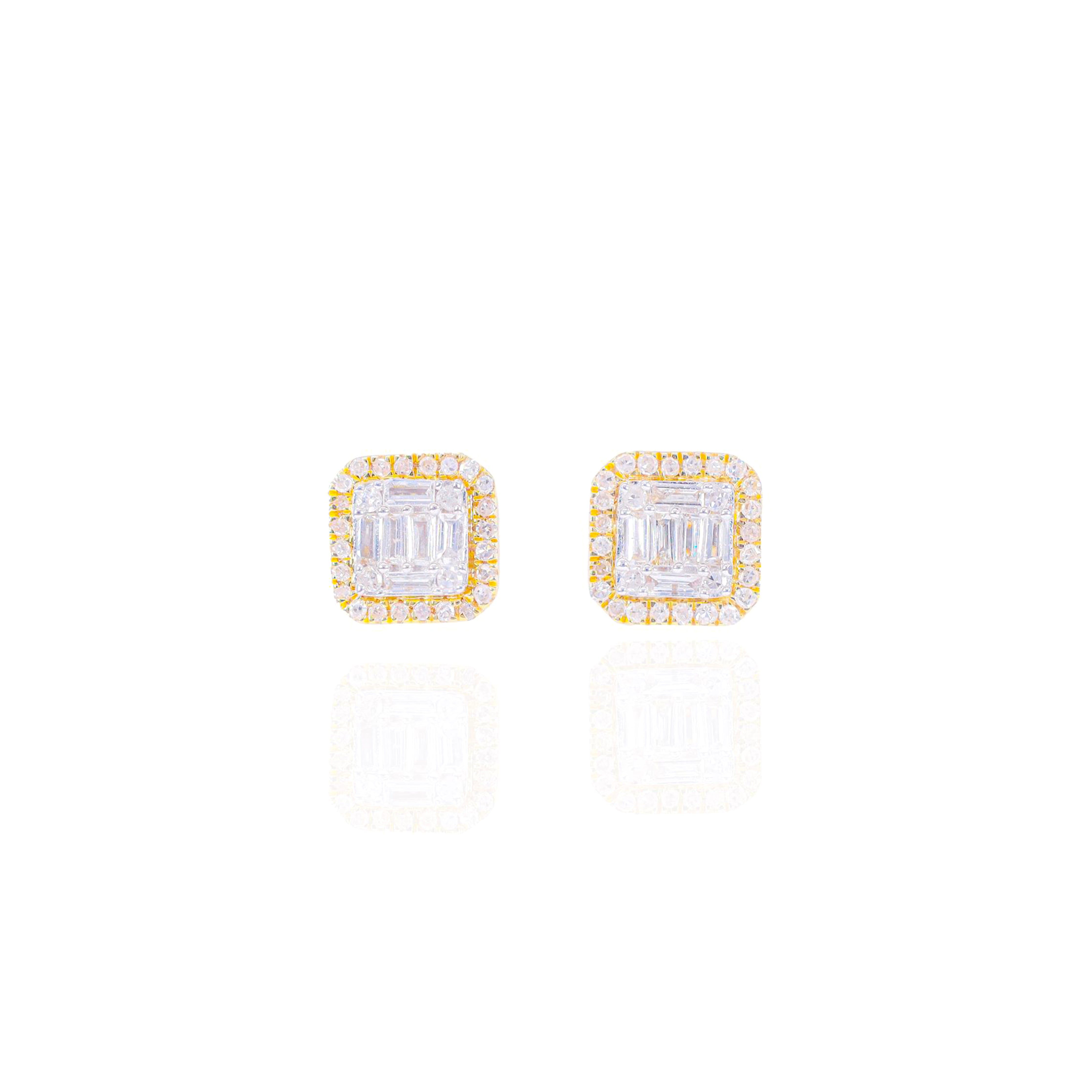 Two-Tone Square Baguette Diamond Cluster Earrings