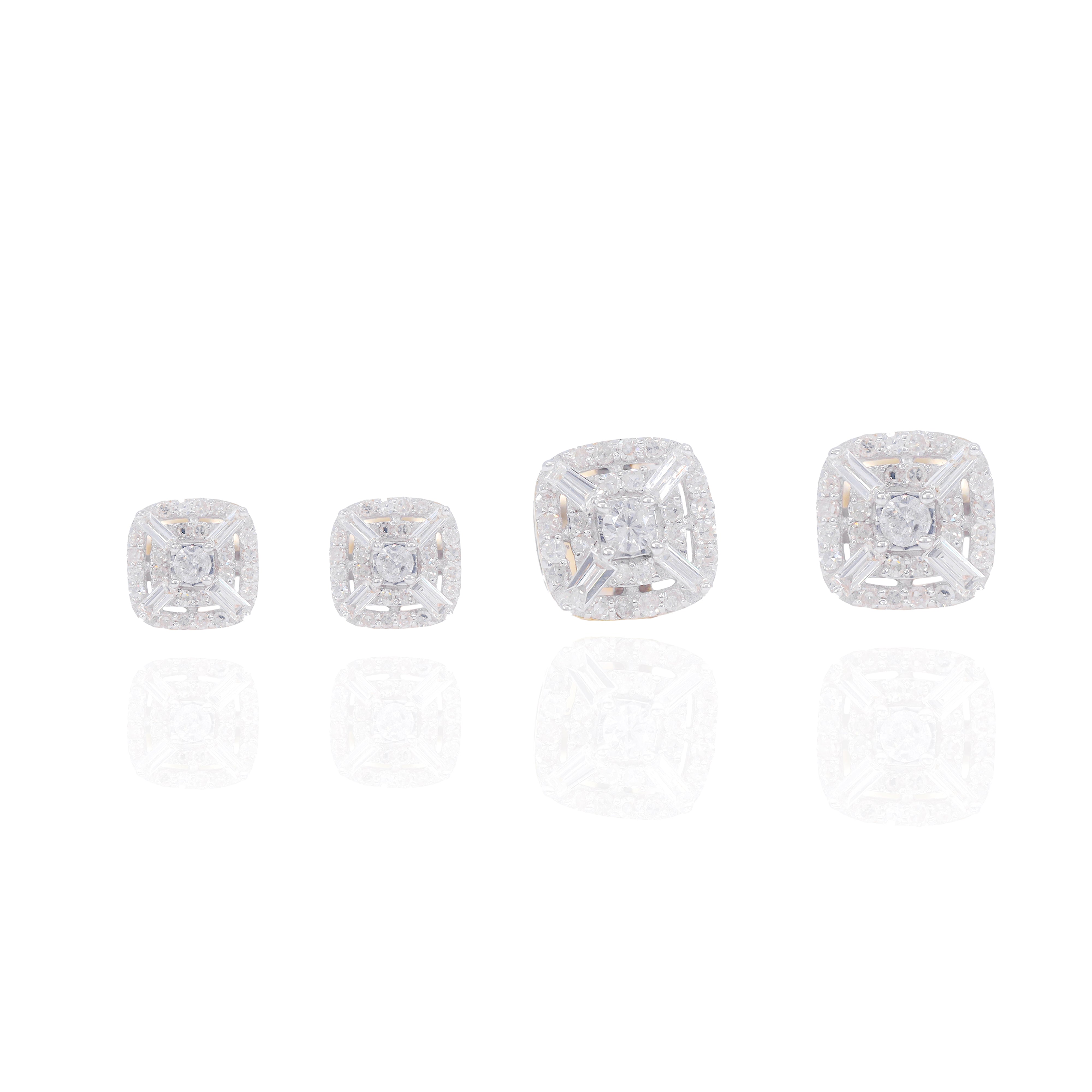 Square Diamond Earrings w/ Baguette Corners & Round Border