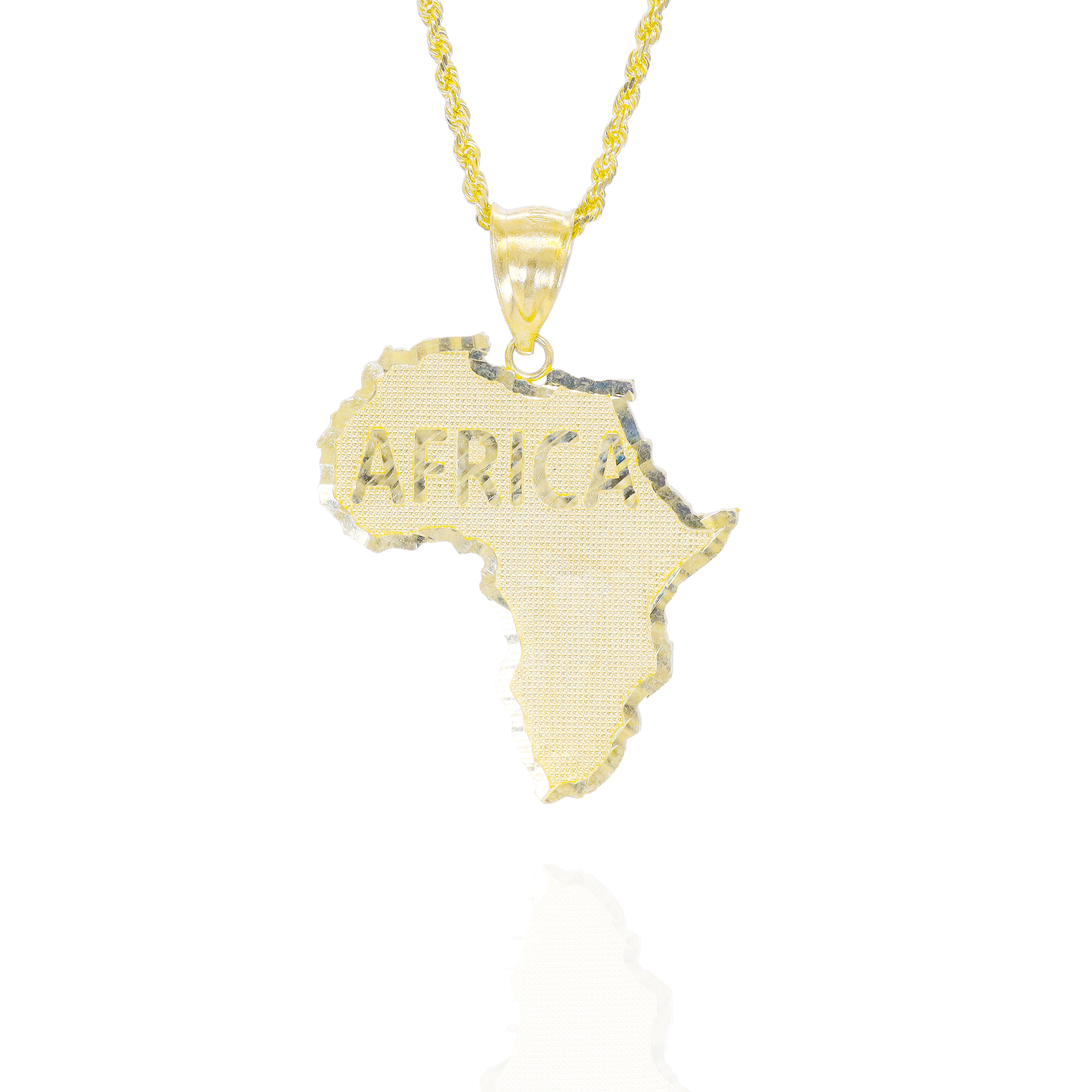 Gold pendant shaped like Africa with 'AFRICA' text