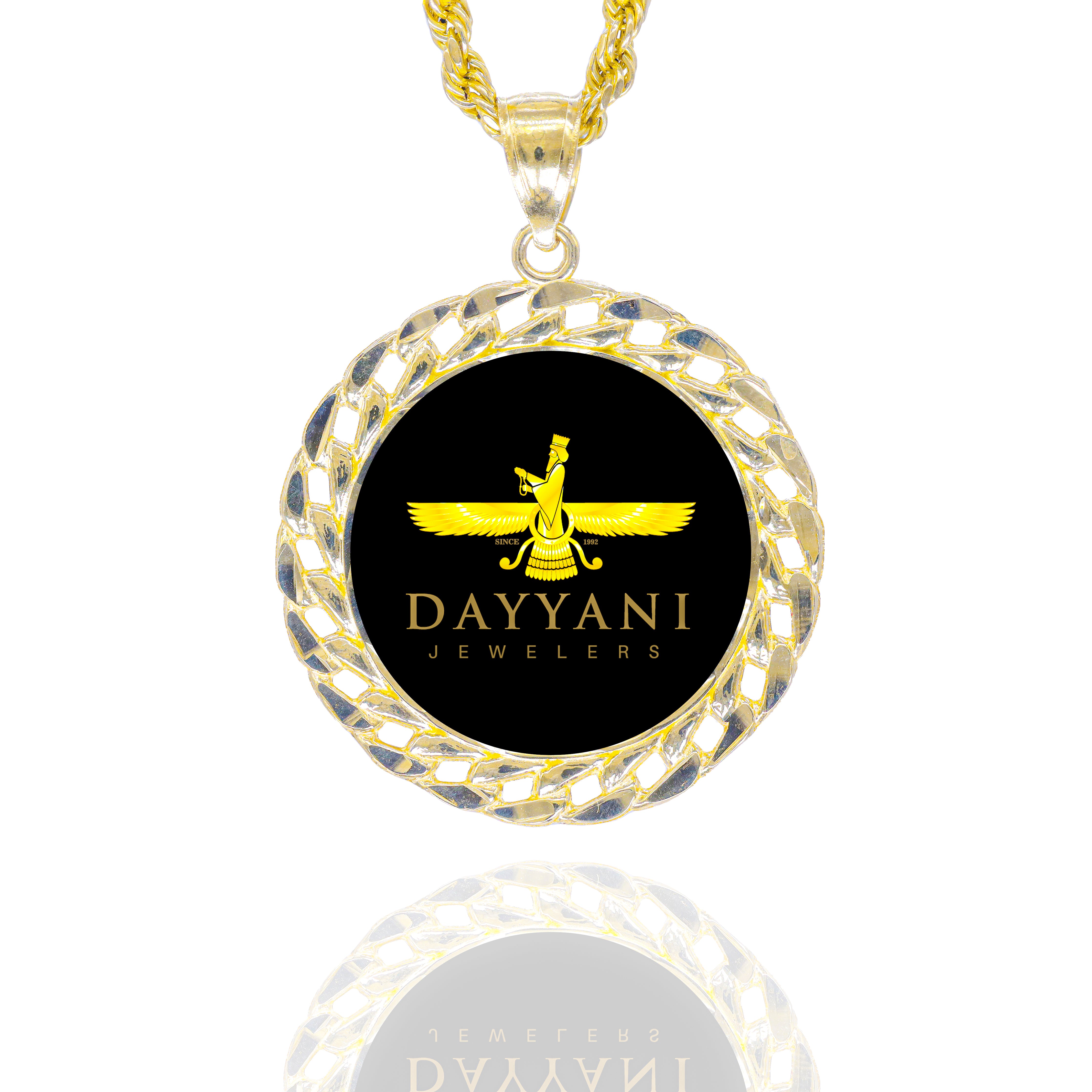 Gold necklace with a pendant meant for any photo or laser