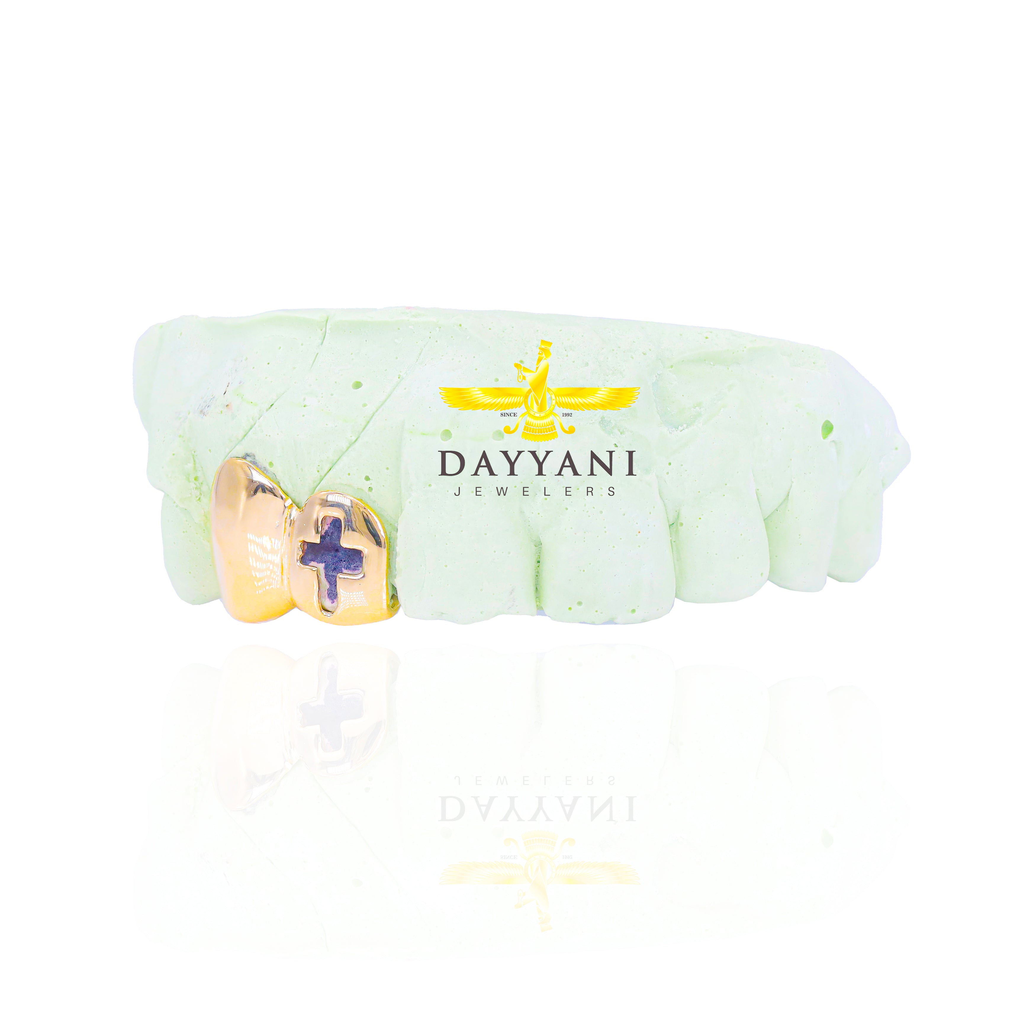 Custom ANY 2 Teeth Grill One Open Face Cross (Connected) Gold Grillz