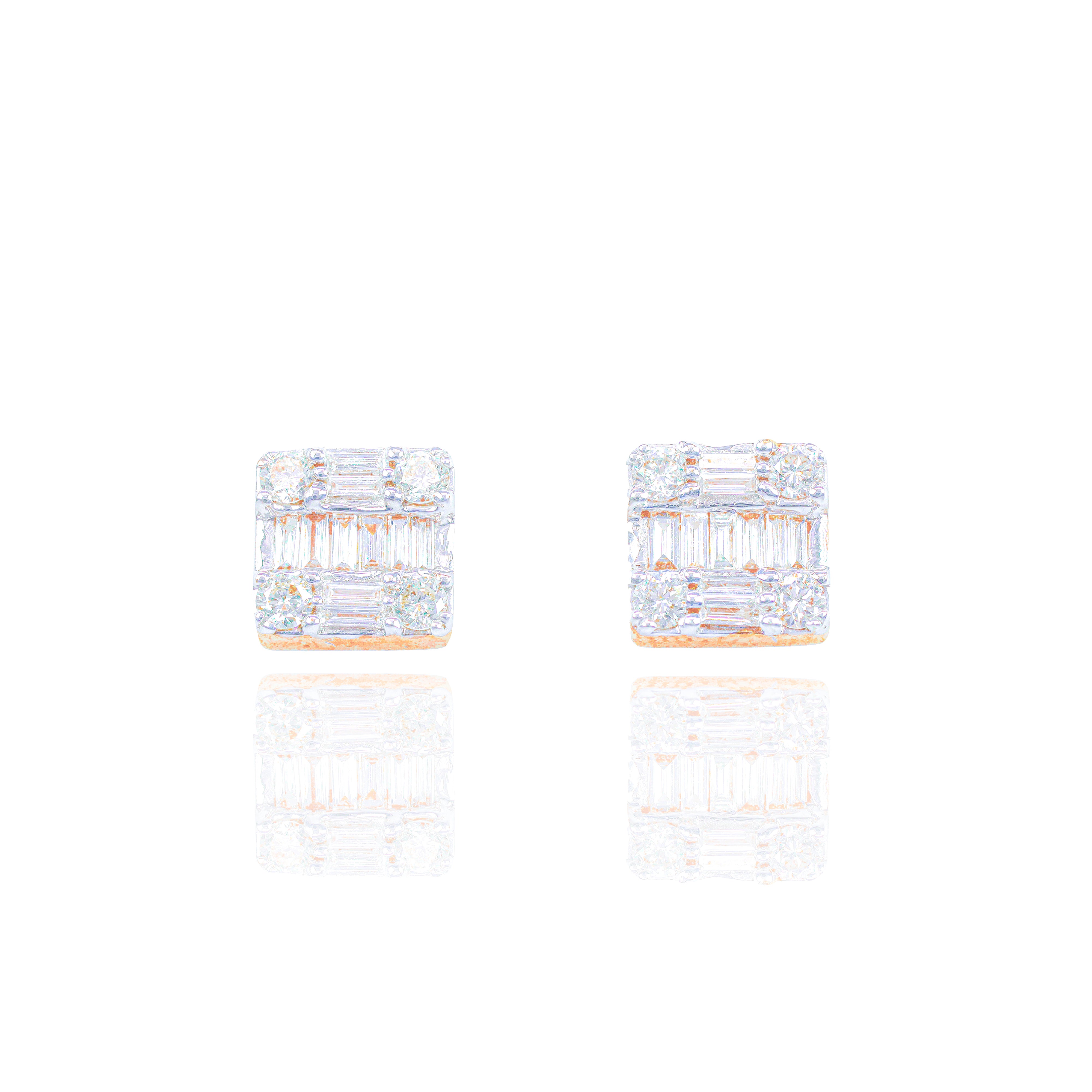 Square Baguette and Round Diamond Cluster Earrings