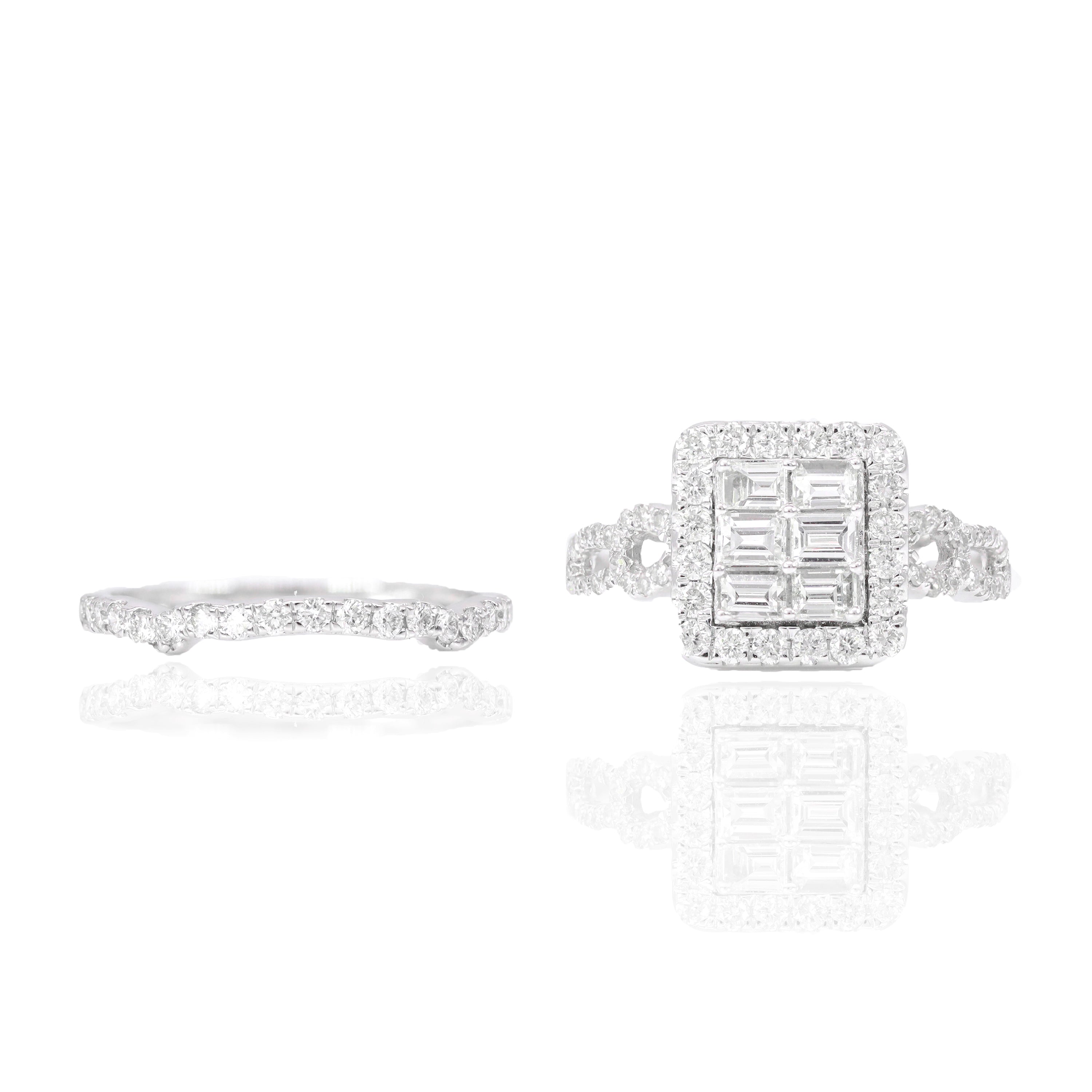 Straight Baguette with Halo Diamond Engagement Ring & Band