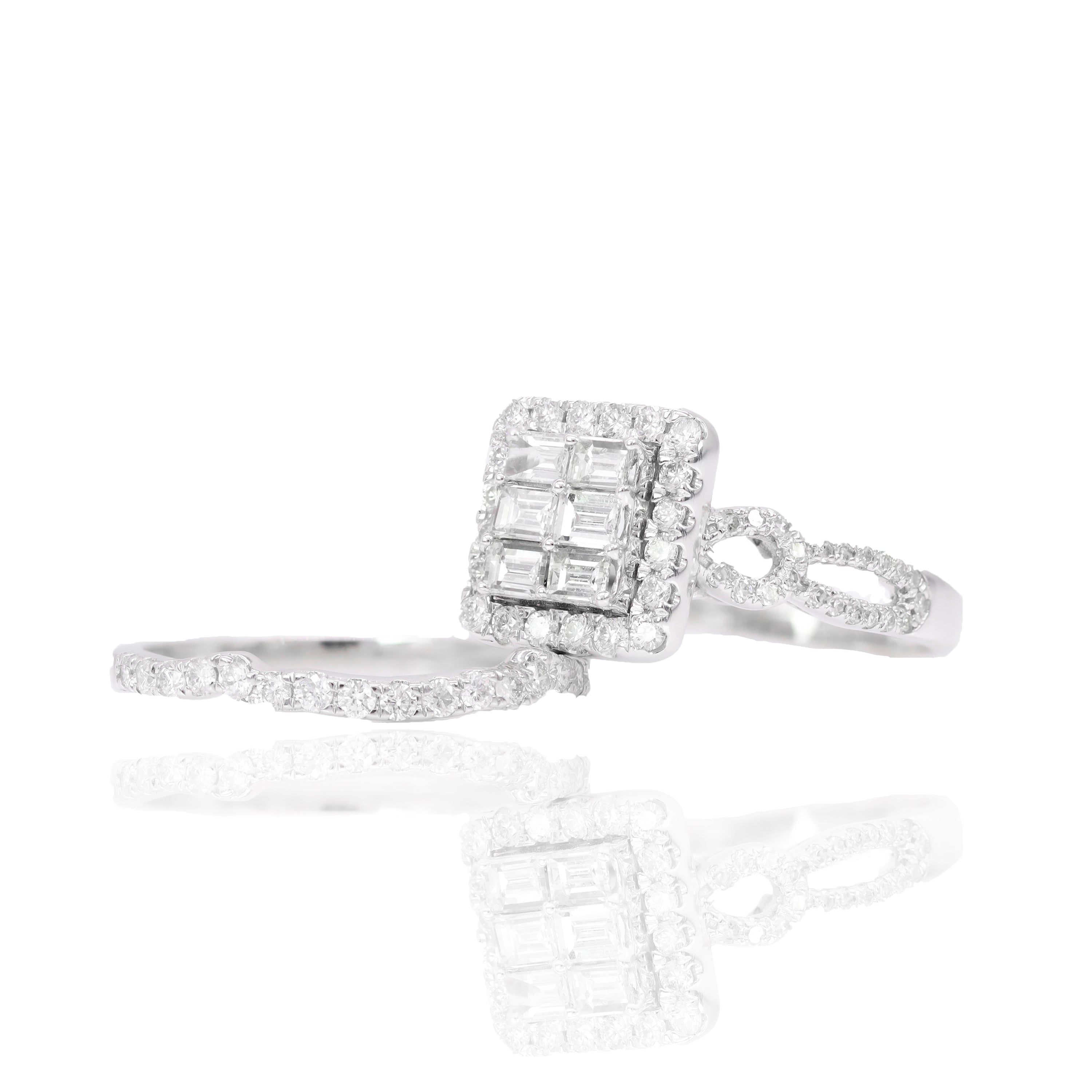 Straight Baguette with Halo Diamond Engagement Ring & Band