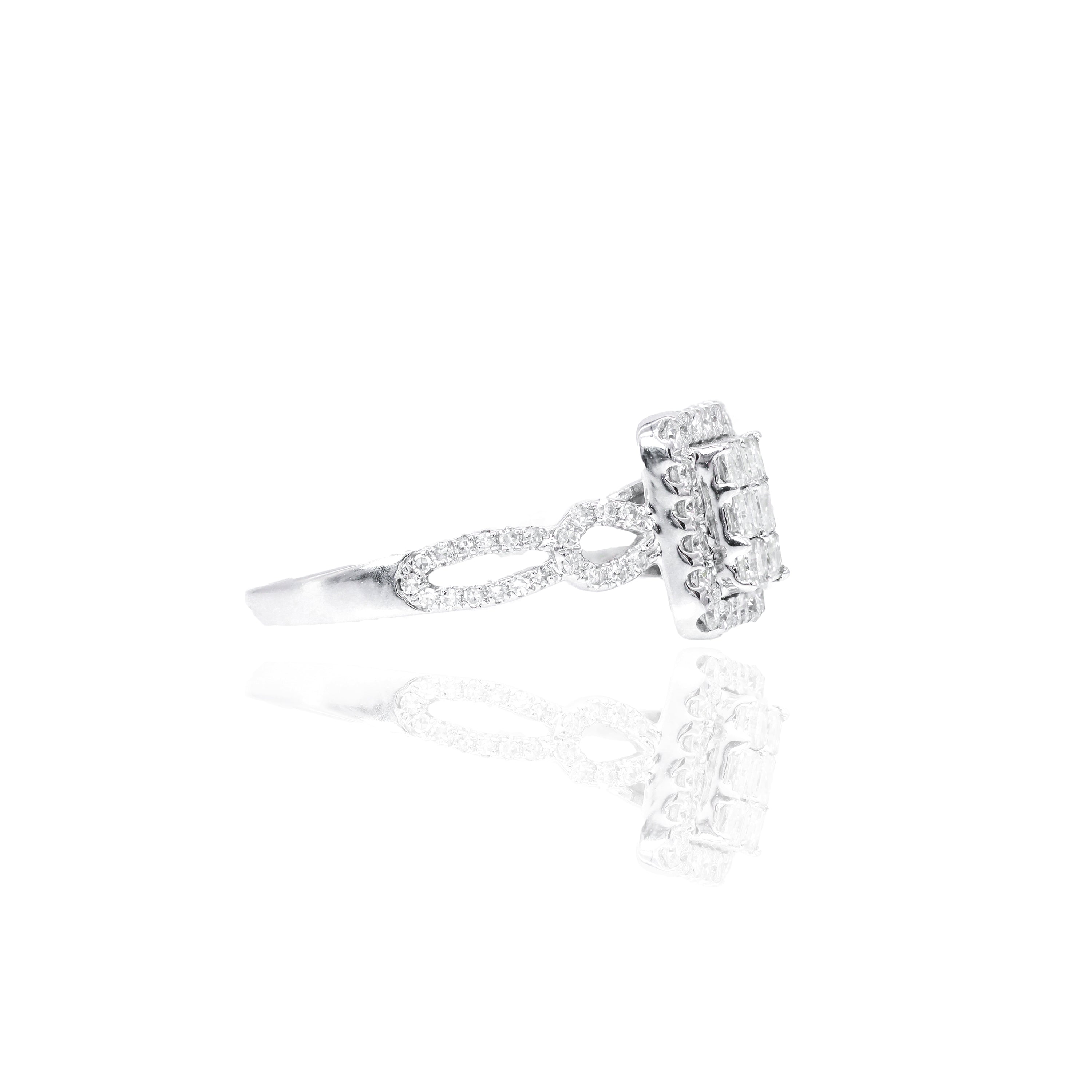 Straight Baguette with Halo Diamond Engagement Ring & Band