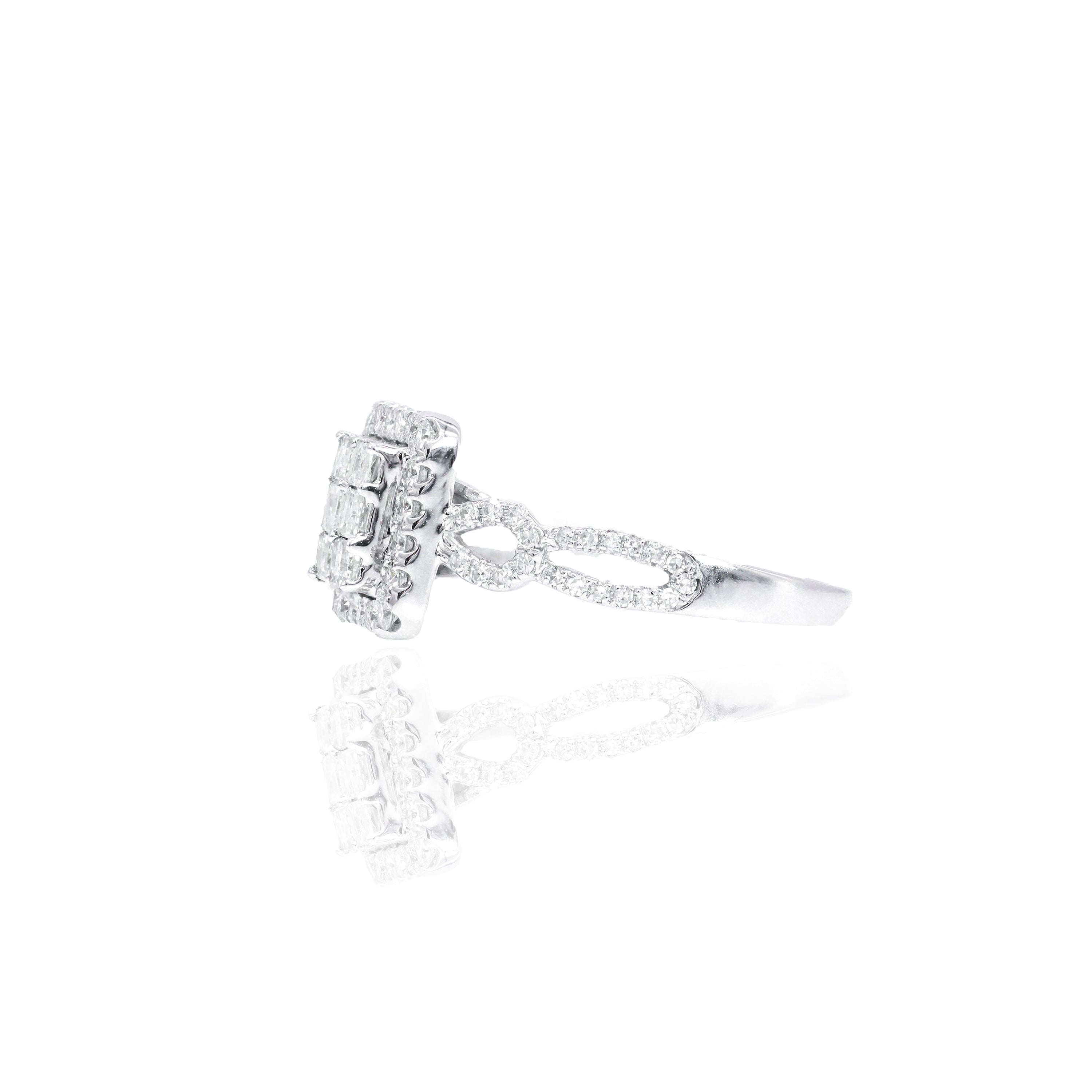Straight Baguette with Halo Diamond Engagement Ring & Band