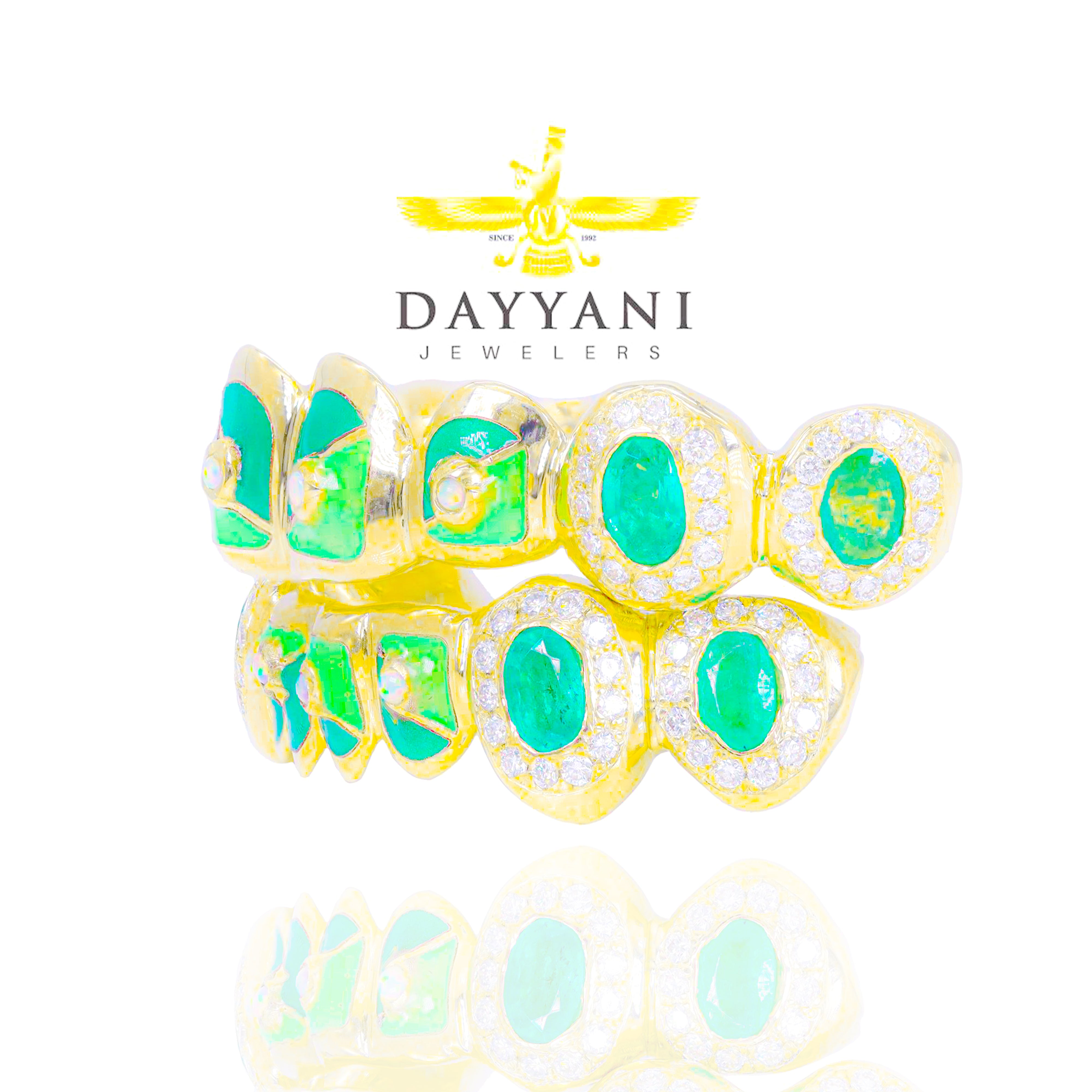 Custom Official VVS Diamond Mint Tobe Nwigwe Lightning Pattern w/ Green Emeralds & Opals Gold Grillz