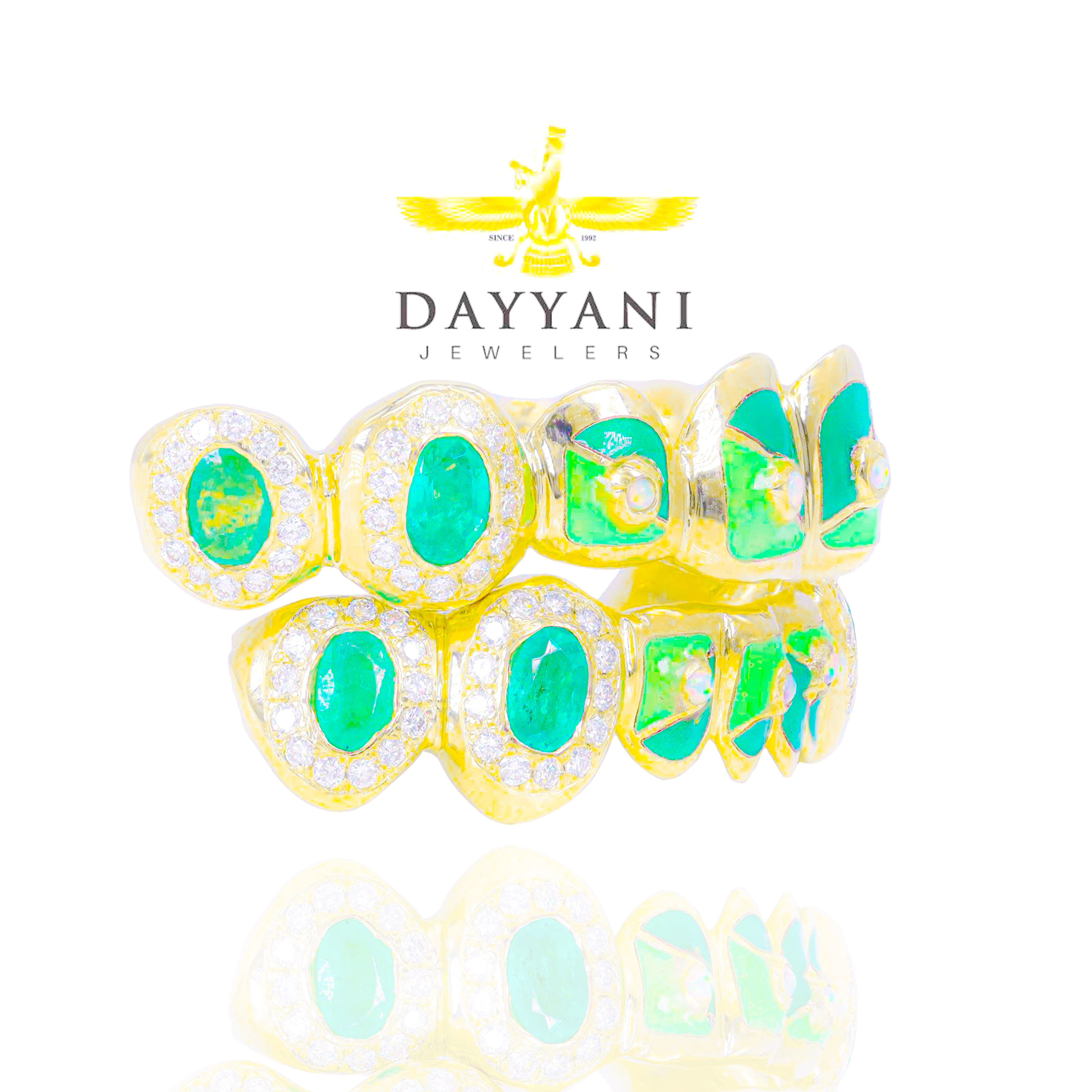 Custom Official VVS Diamond Mint Tobe Nwigwe Lightning Pattern w/ Green Emeralds & Opals Gold Grillz