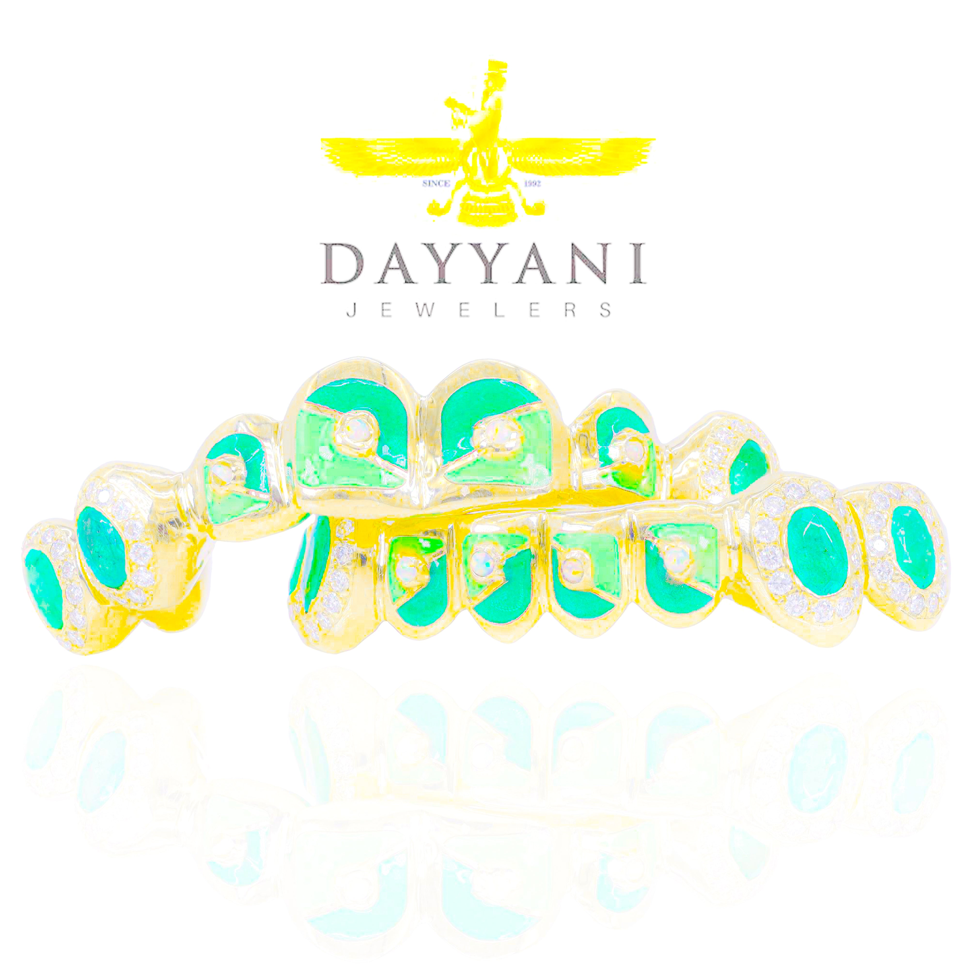 Custom Official VVS Diamond Mint Tobe Nwigwe Lightning Pattern w/ Green Emeralds & Opals Gold Grillz