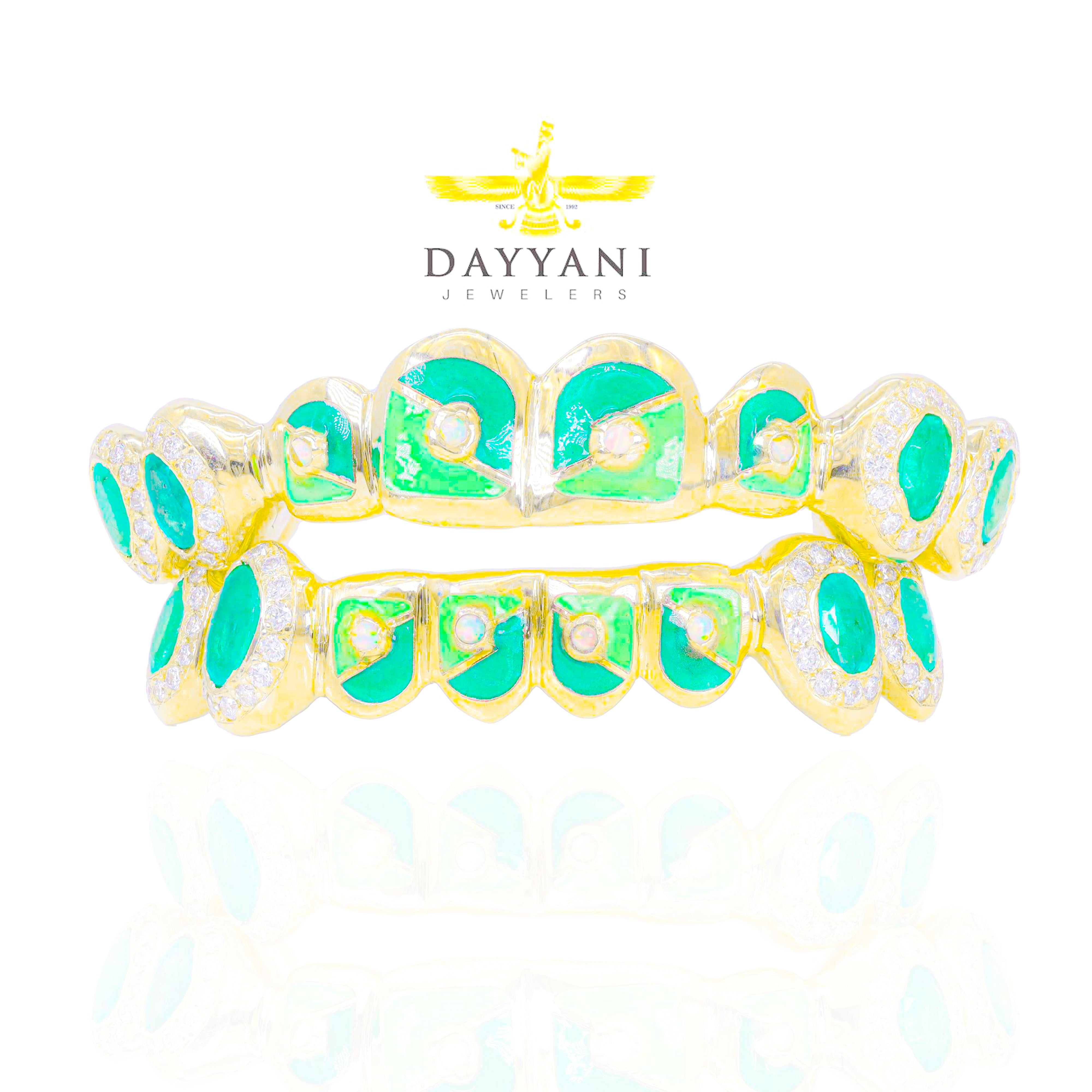 Custom Official VVS Diamond Mint Tobe Nwigwe Lightning Pattern w/ Green Emeralds & Opals Gold Grillz