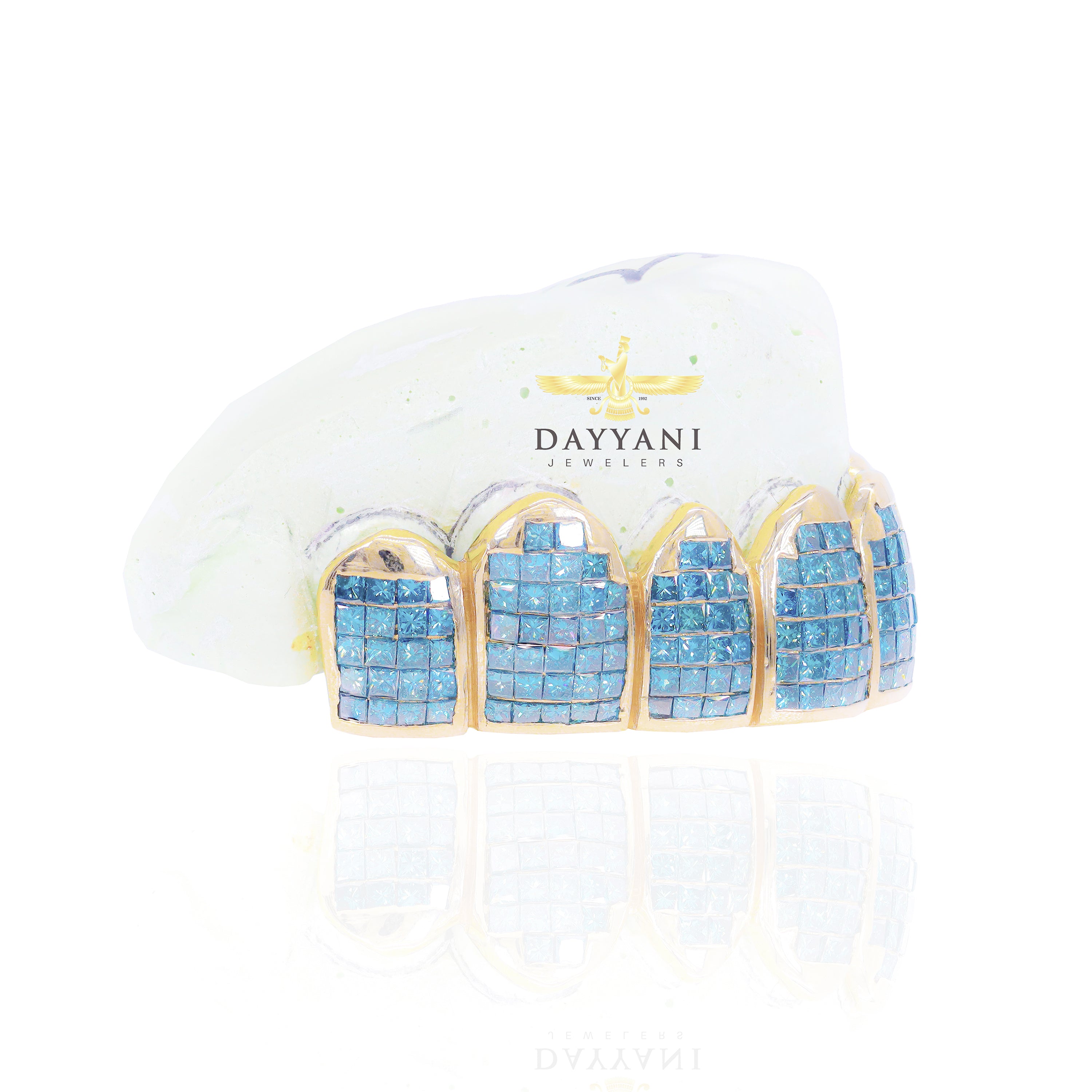 Custom VS Blue Diamond Grillz Hand Set Natural Princess Cut Diamond Gold Grillz (Invisible Setting)