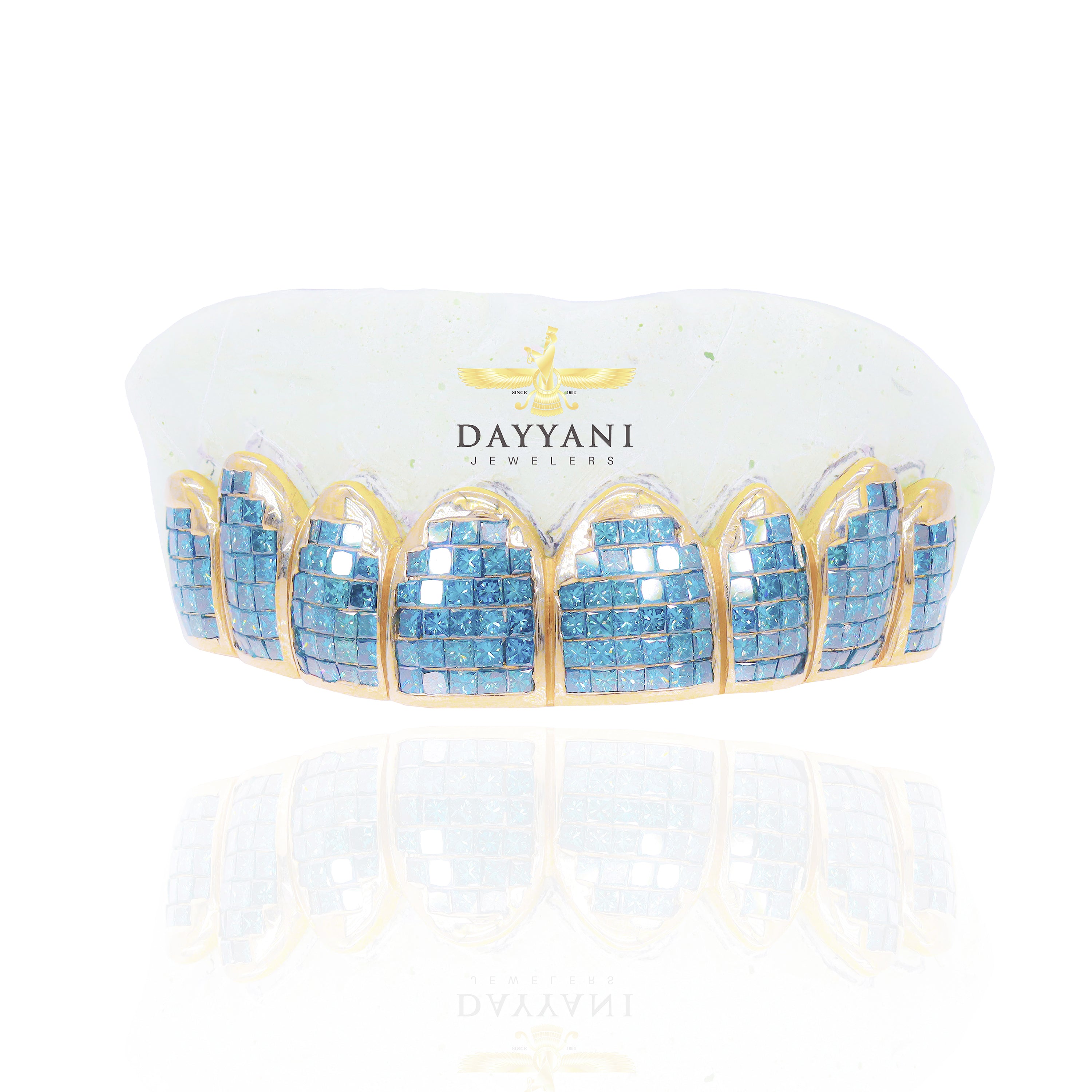 Custom VS Blue Diamond Grillz Hand Set Natural Princess Cut Diamond Gold Grillz (Invisible Setting)