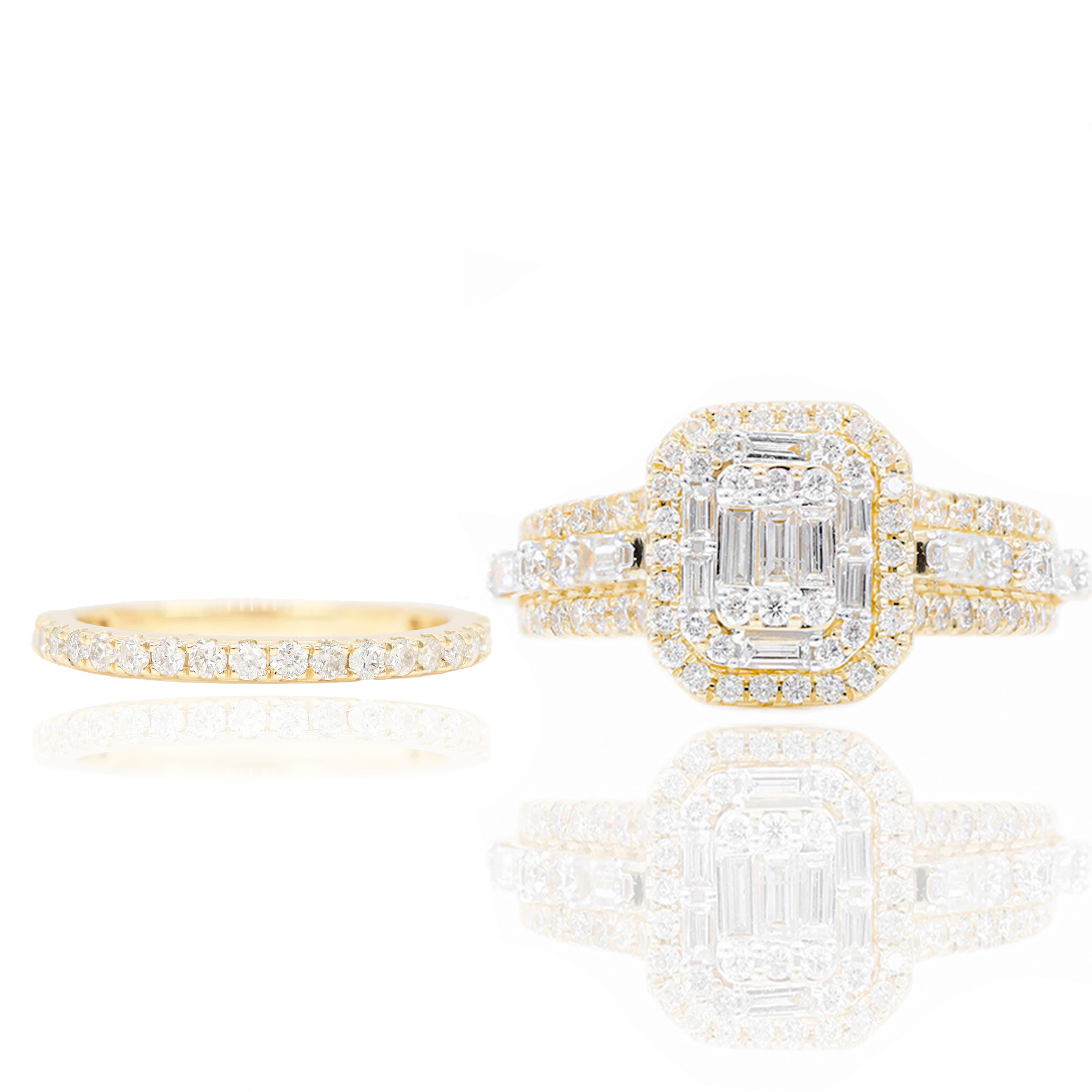 Two-Tone Baguette with Halo Diamond Engagement Ring & Band