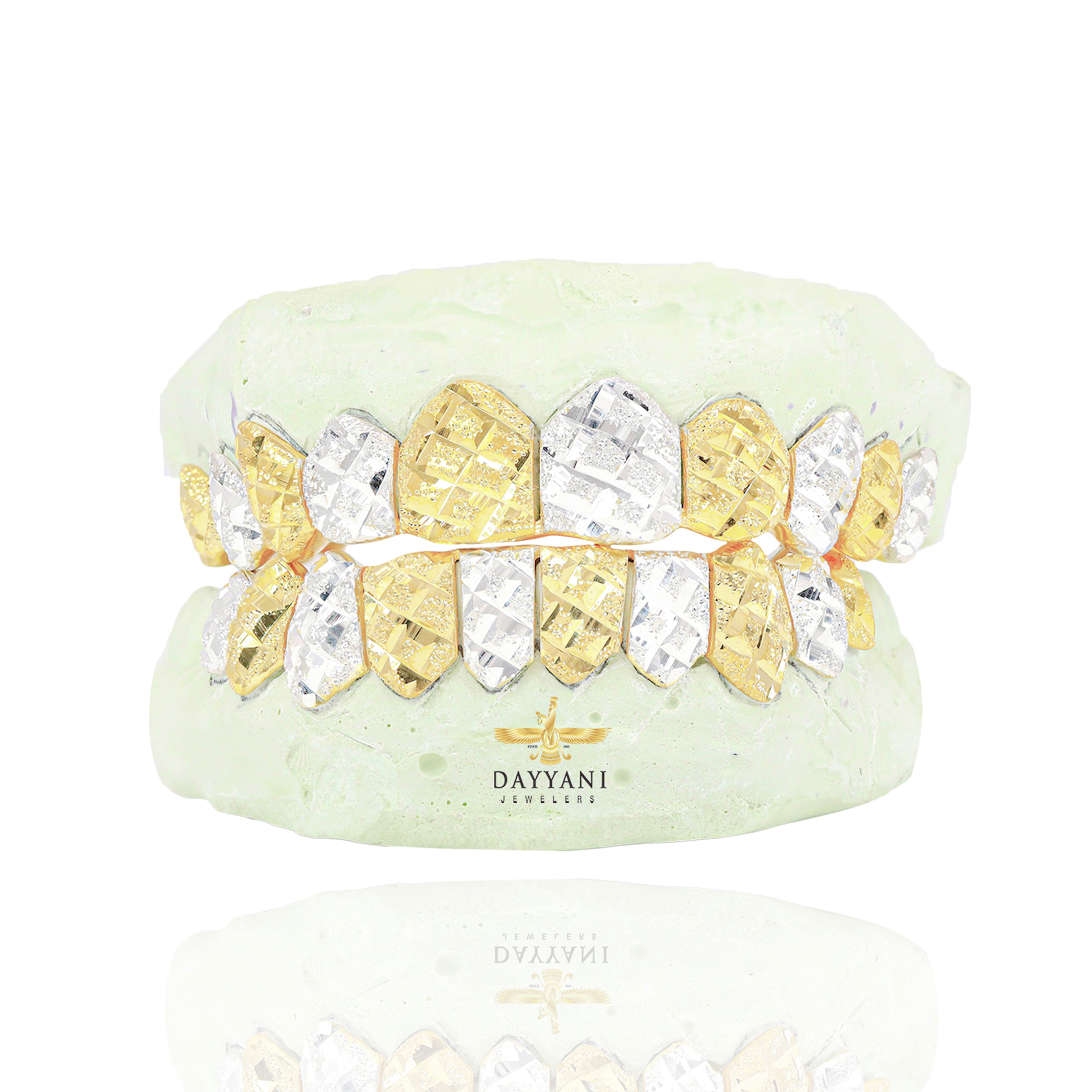 Custom Alternating Two-Tone with Diamond Cut Diamond Dust Gold Grillz