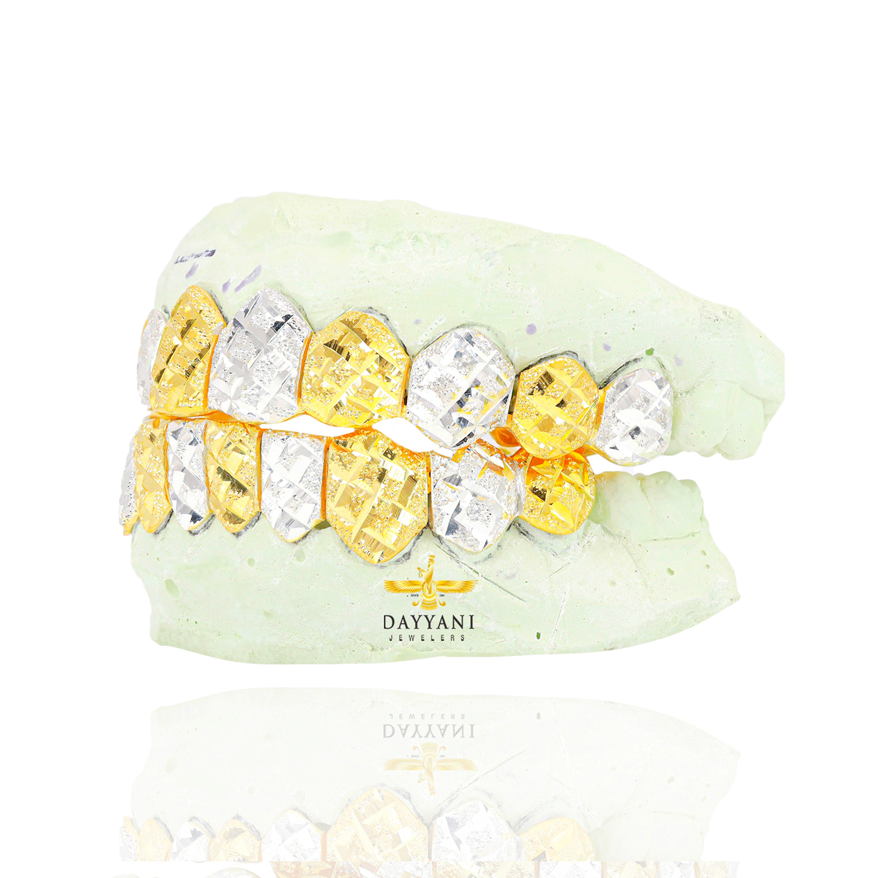 Custom Alternating Two-Tone with Diamond Cut Diamond Dust Gold Grillz