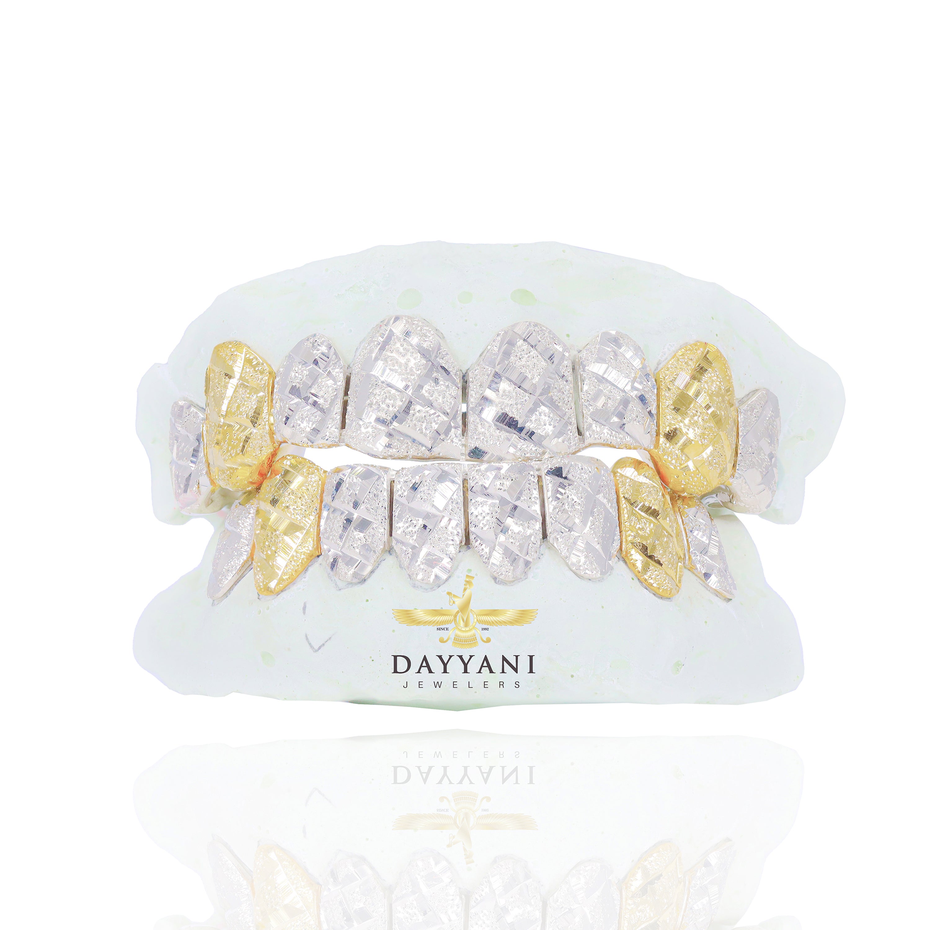 Custom 6 OR 8 Teeth Diamond Cut & Diamond Dust Gold Grillz with ANY Color Fangs