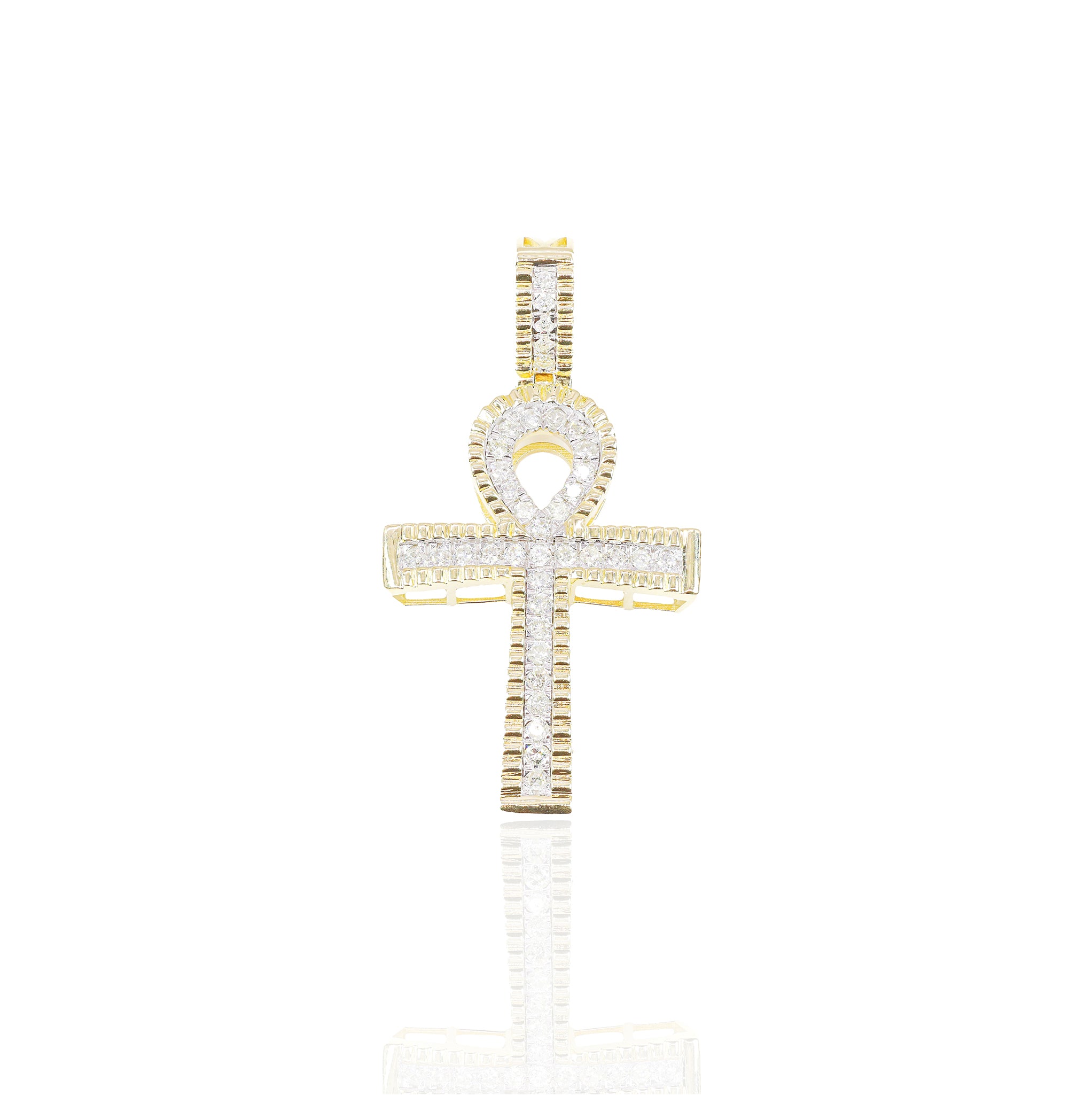 Gold Fluted Border Ankh Diamond Pendant
