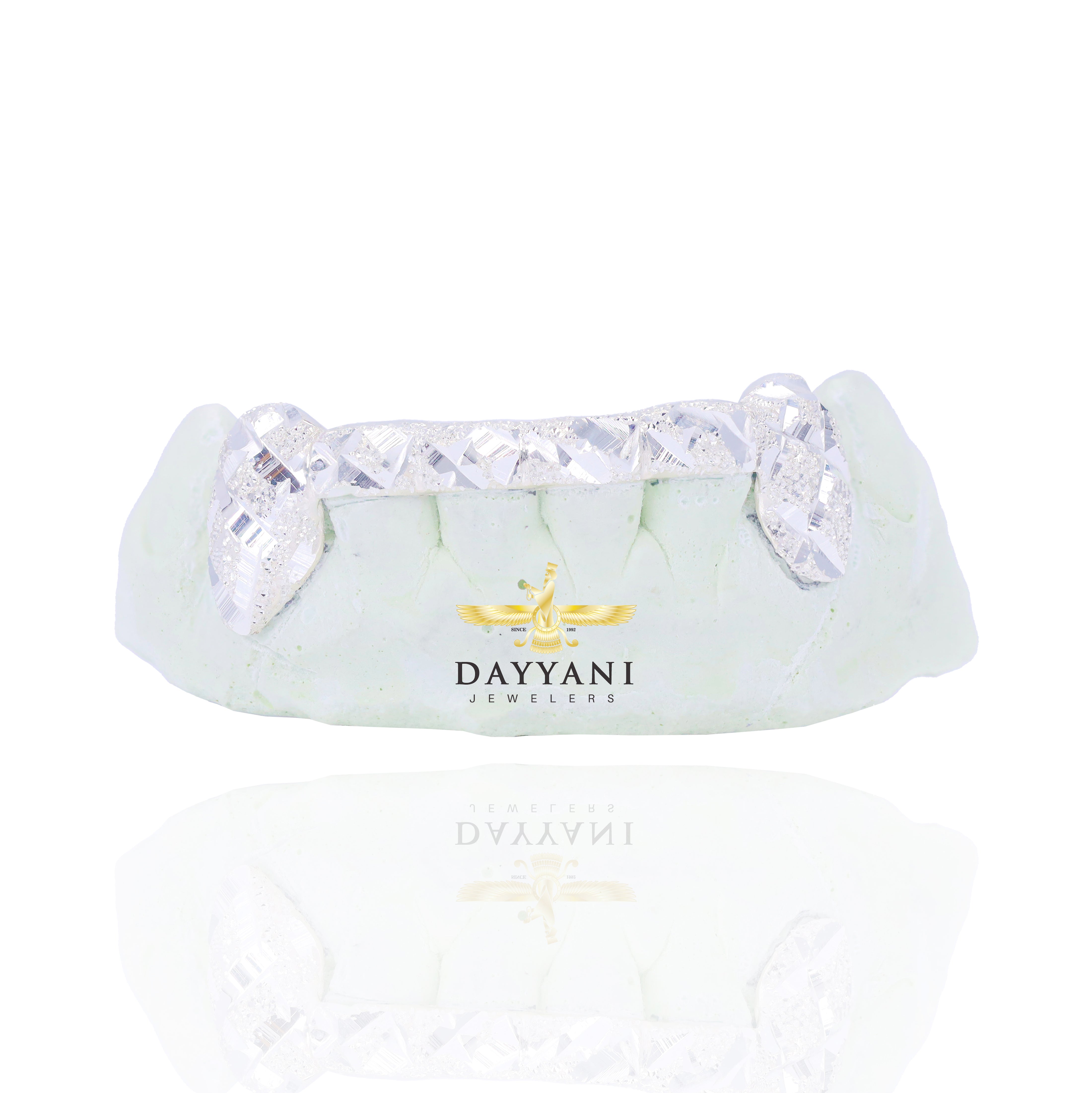 Custom 2 Teeth Diamond Cut and Diamond Dust Grillz with Front and Back Bar Gold Grillz