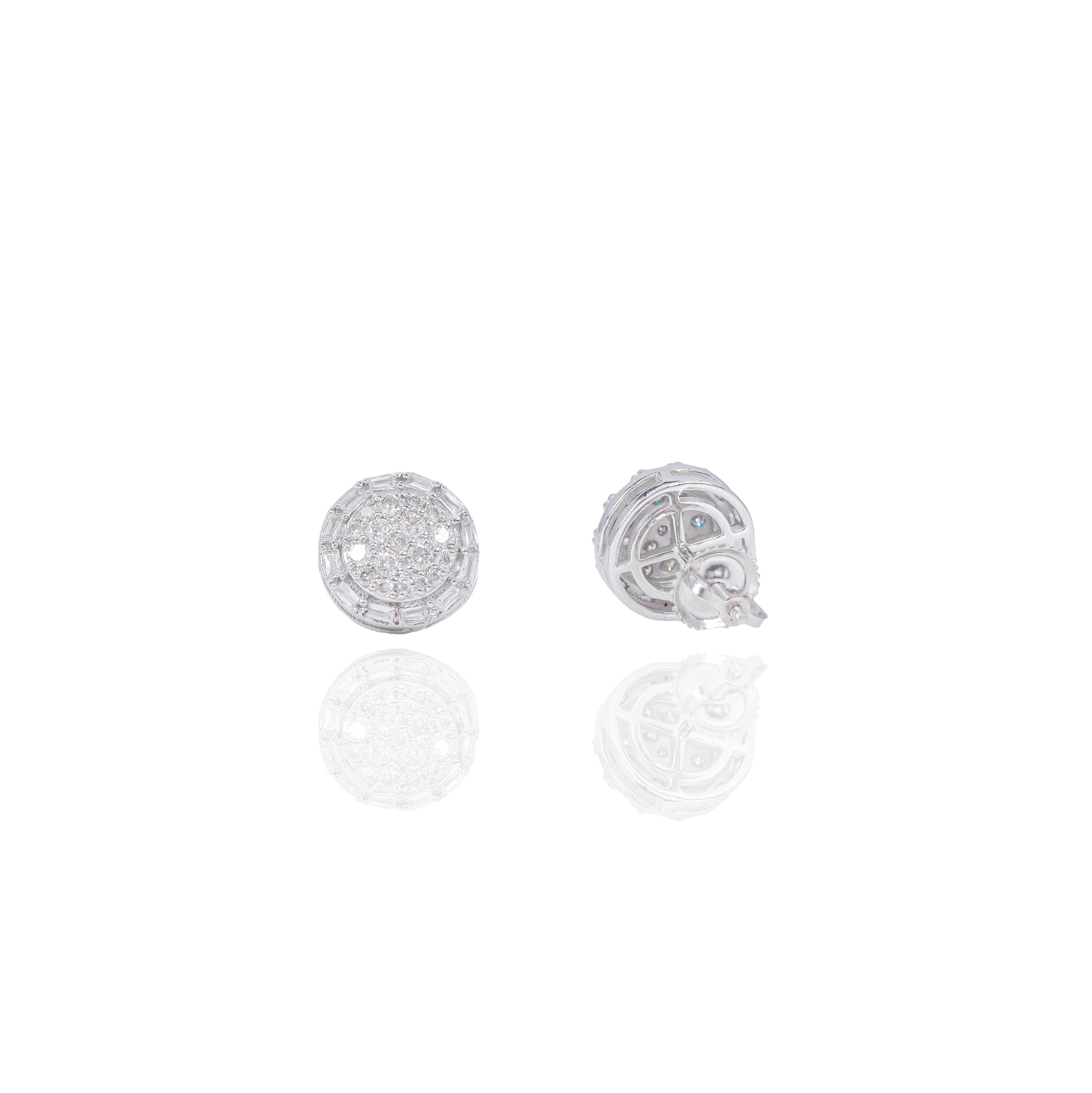Round Style Diamond Earrings w/ Baguette Diamond Border
