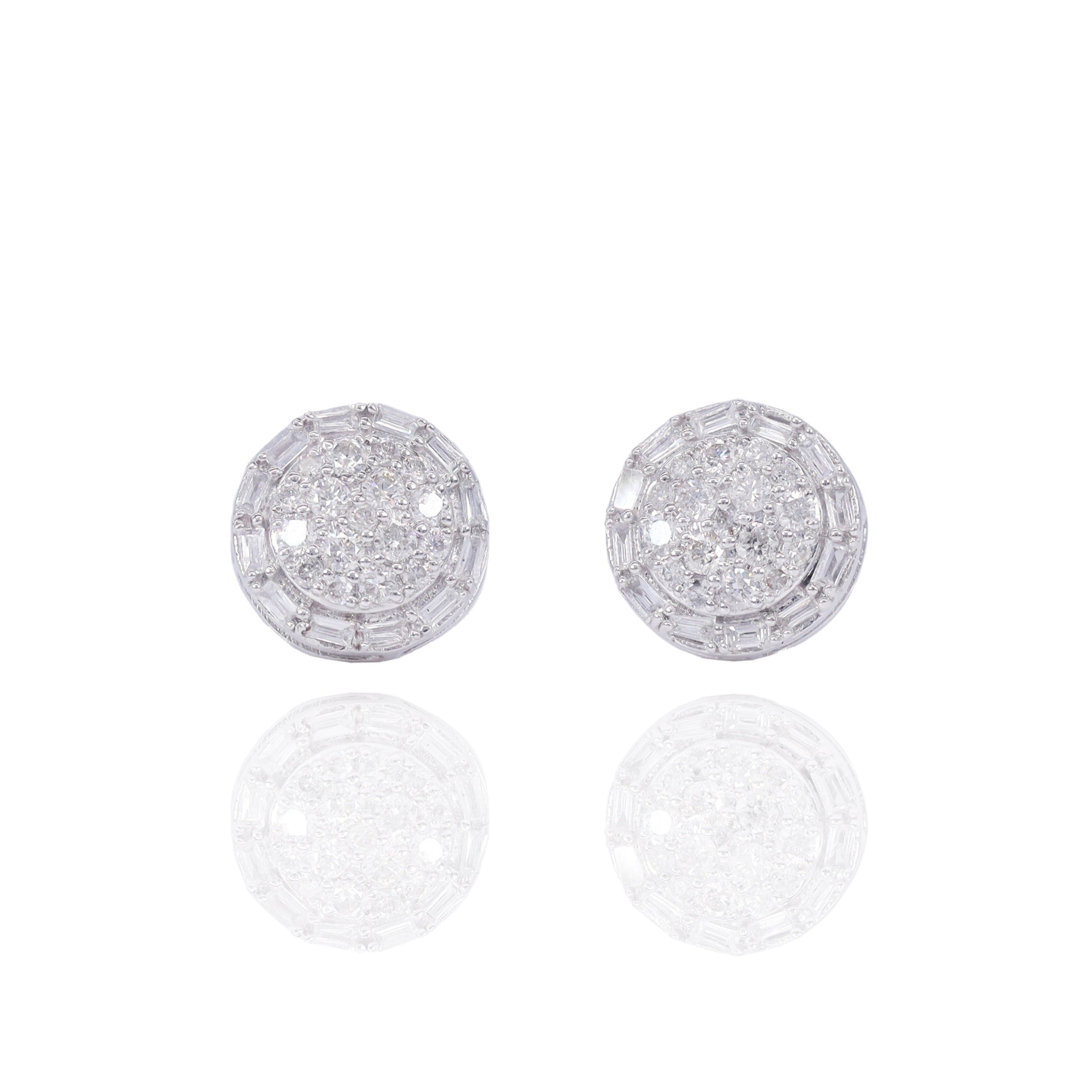 Round Style Diamond Earrings w/ Baguette Diamond Border