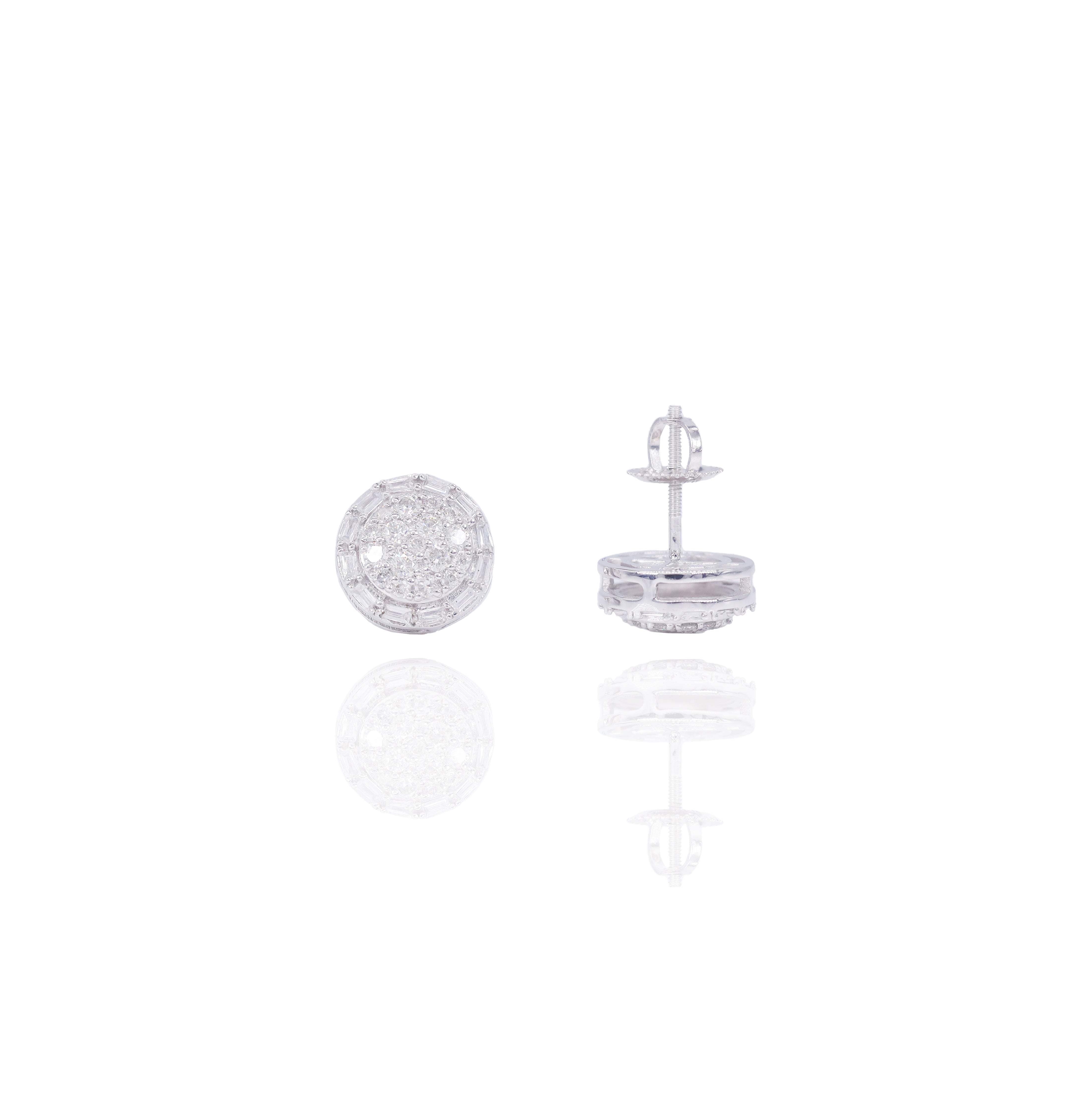 Round Style Diamond Earrings w/ Baguette Diamond Border