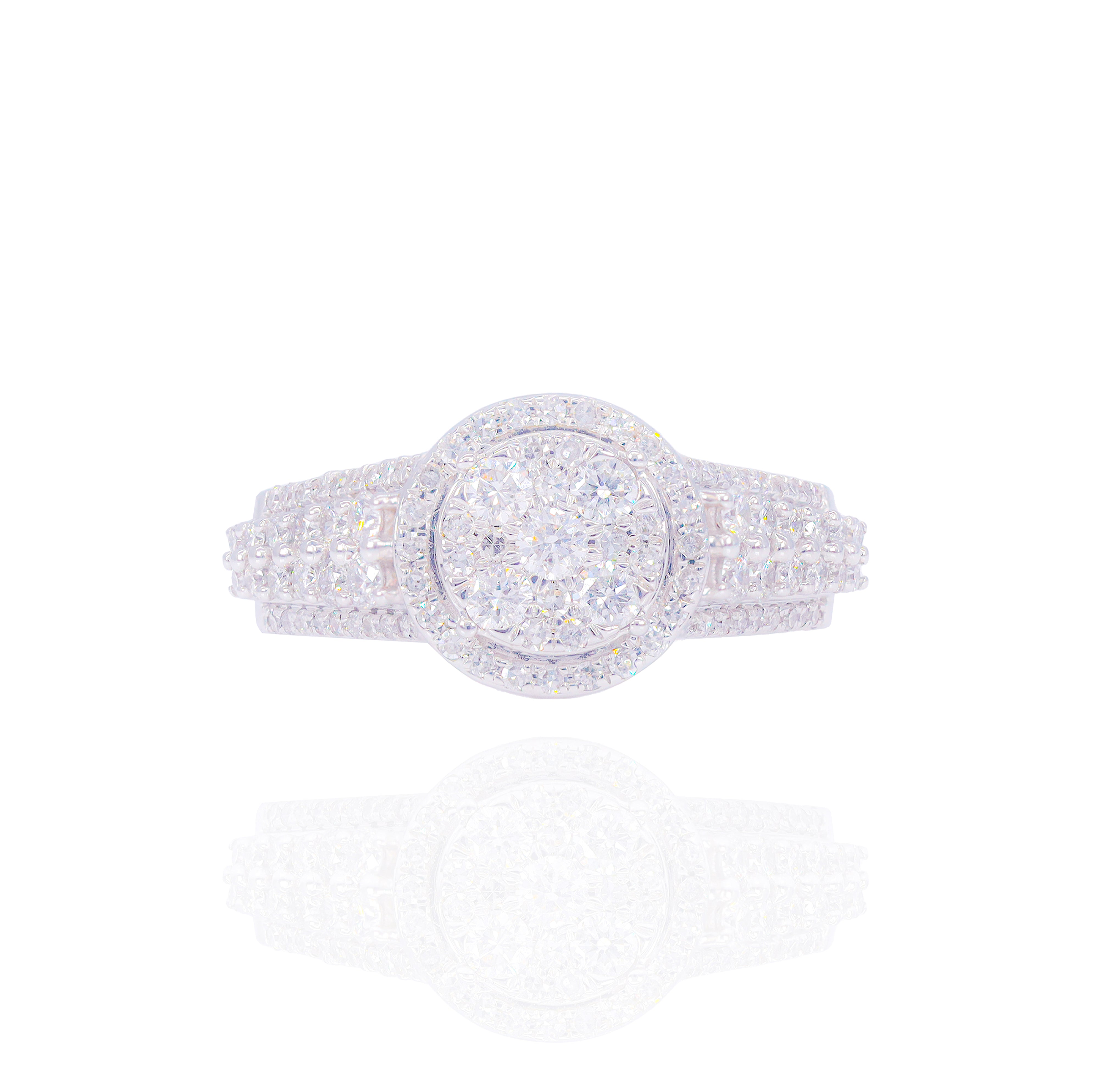 Round Diamond Engagement Ring with Halo & 3 Row Wedding Band