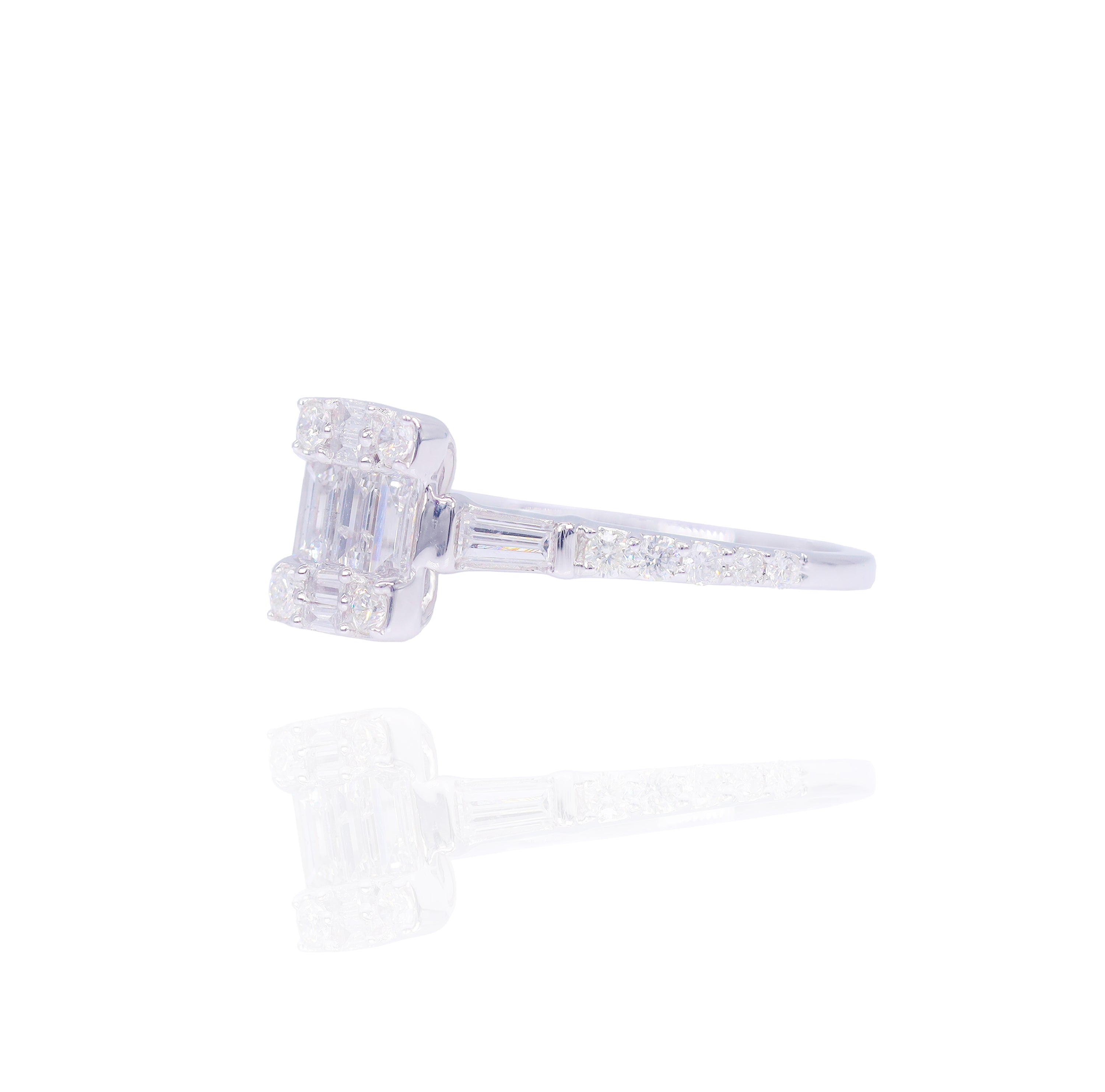 Emerald Shape Diamond Engagement Ring with Baguette & Round Diamonds