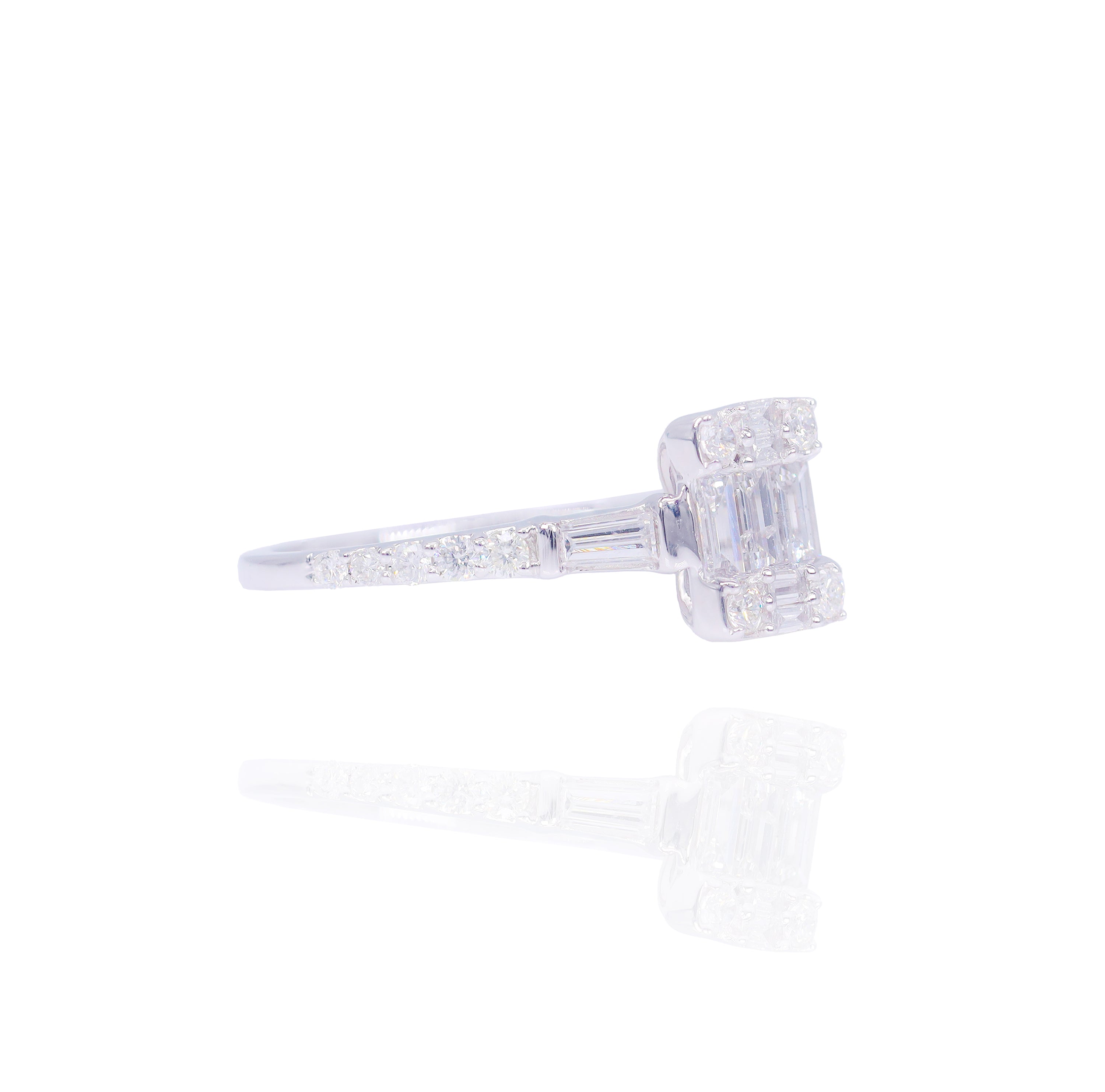 Emerald Shape Diamond Engagement Ring with Baguette & Round Diamonds