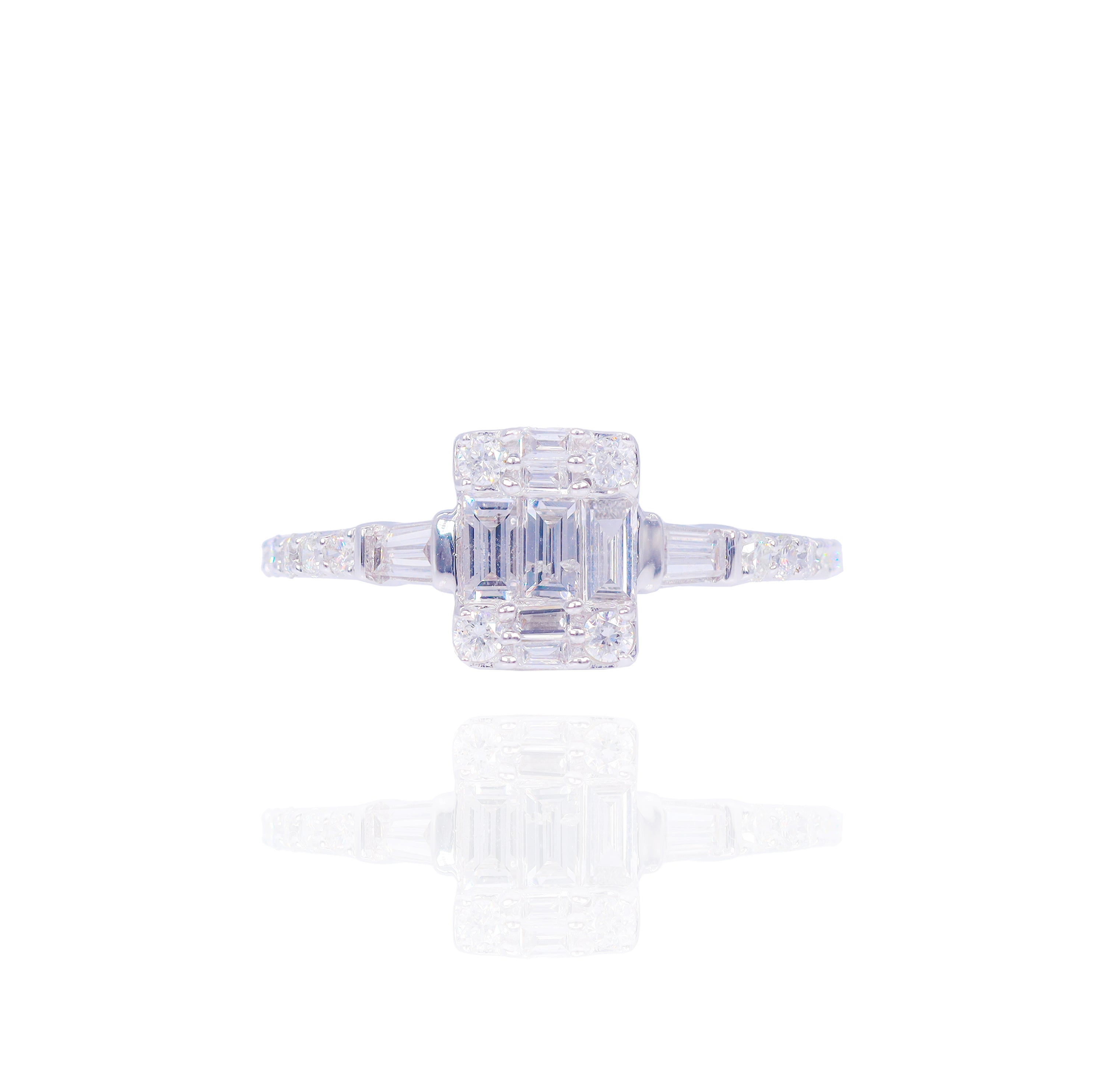 Emerald Shape Diamond Engagement Ring with Baguette & Round Diamonds