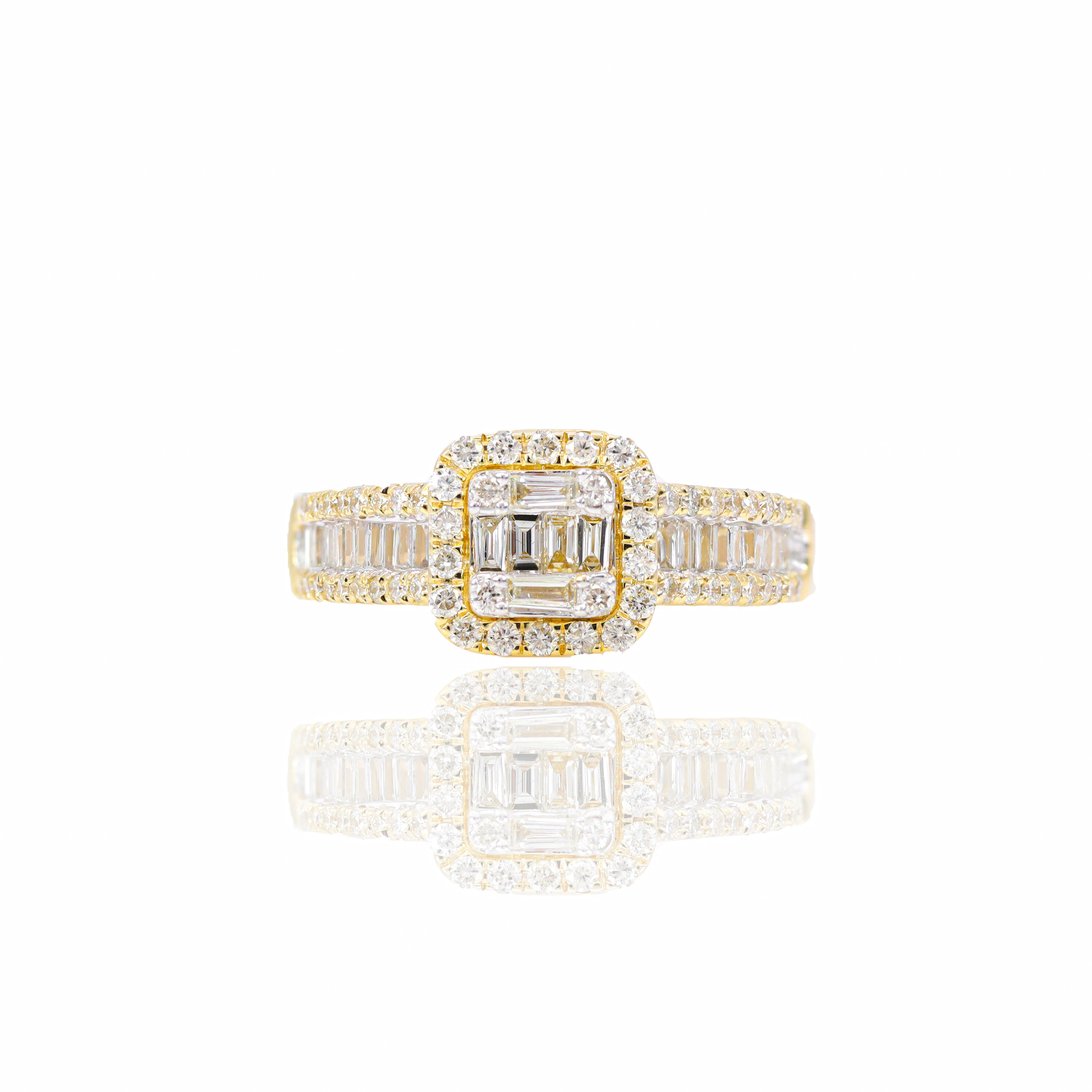 Baguette Diamond Engagement Ring w/ Halo & Wedding Band