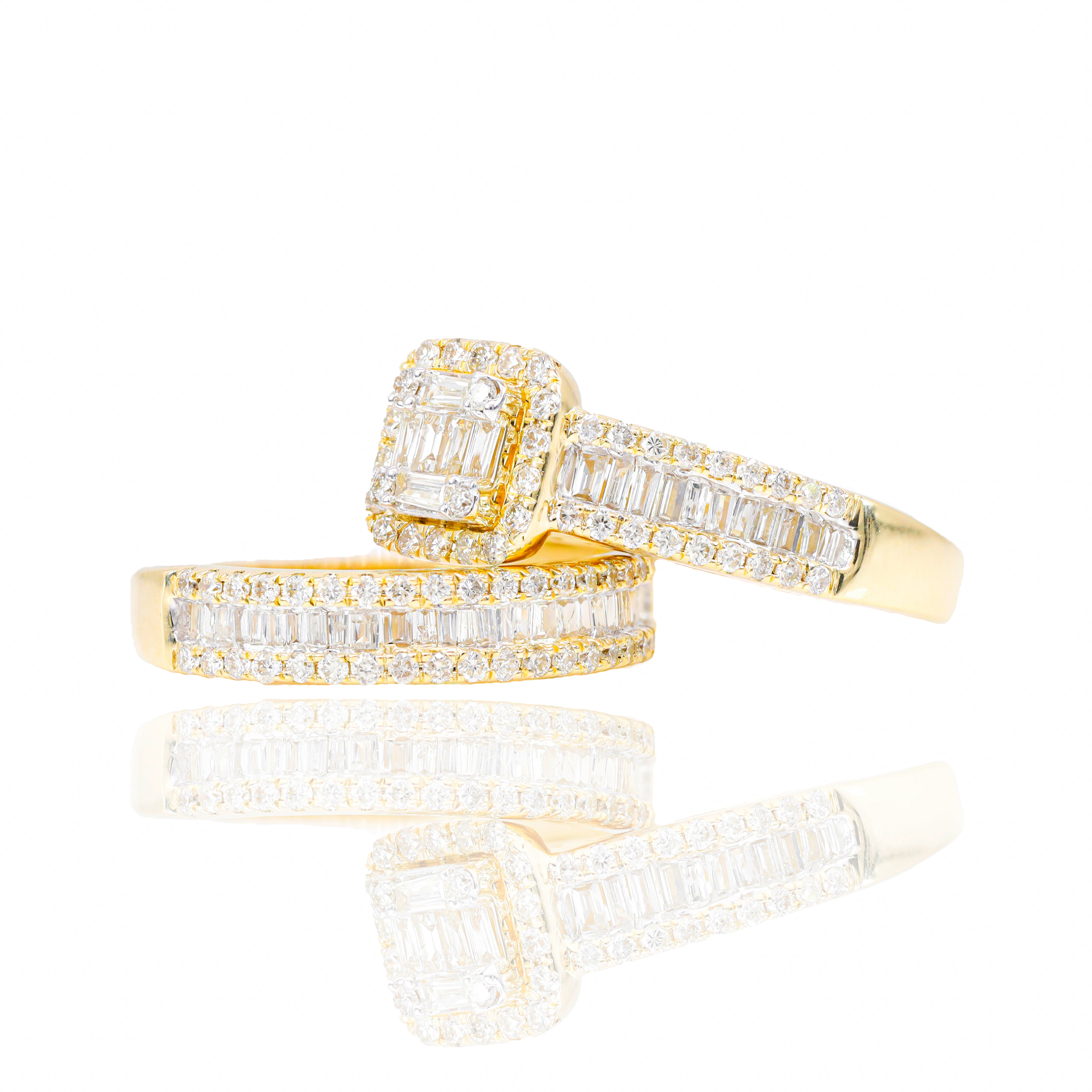 Baguette Diamond Engagement Ring w/ Halo & Wedding Band