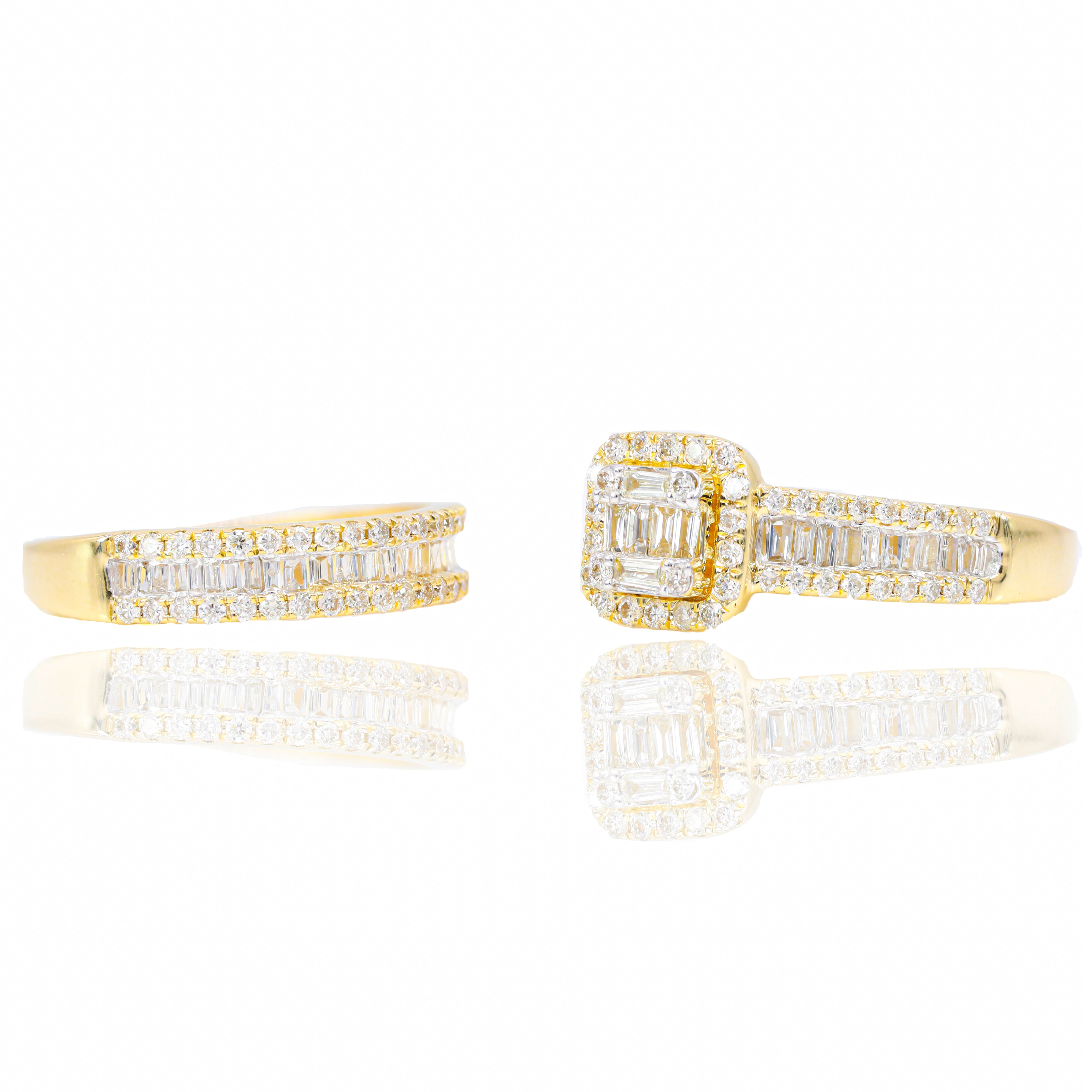 Baguette Diamond Engagement Ring w/ Halo & Wedding Band