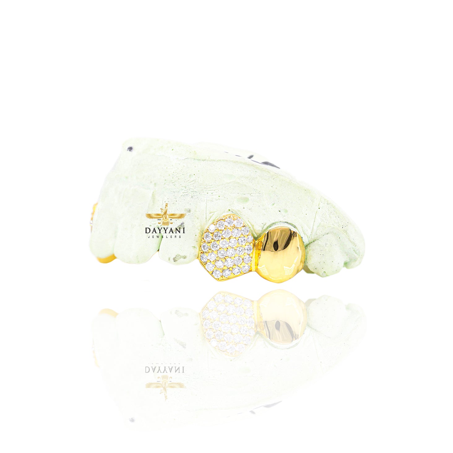 Custom 2 Teeth Diamond Grillz with Solid Ends Gold Grillz