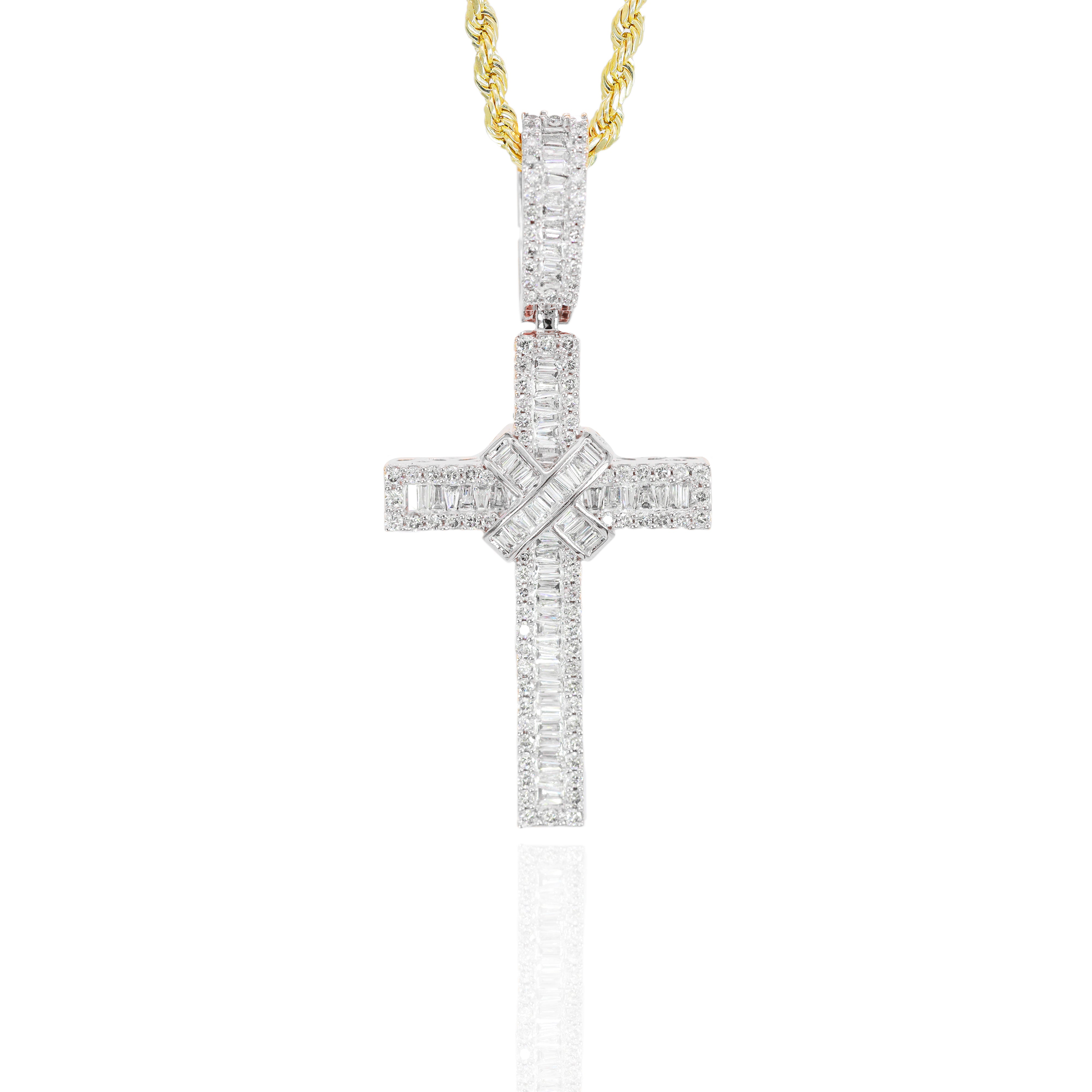 Baguette Cross With Middle Cross Diamond Pendant