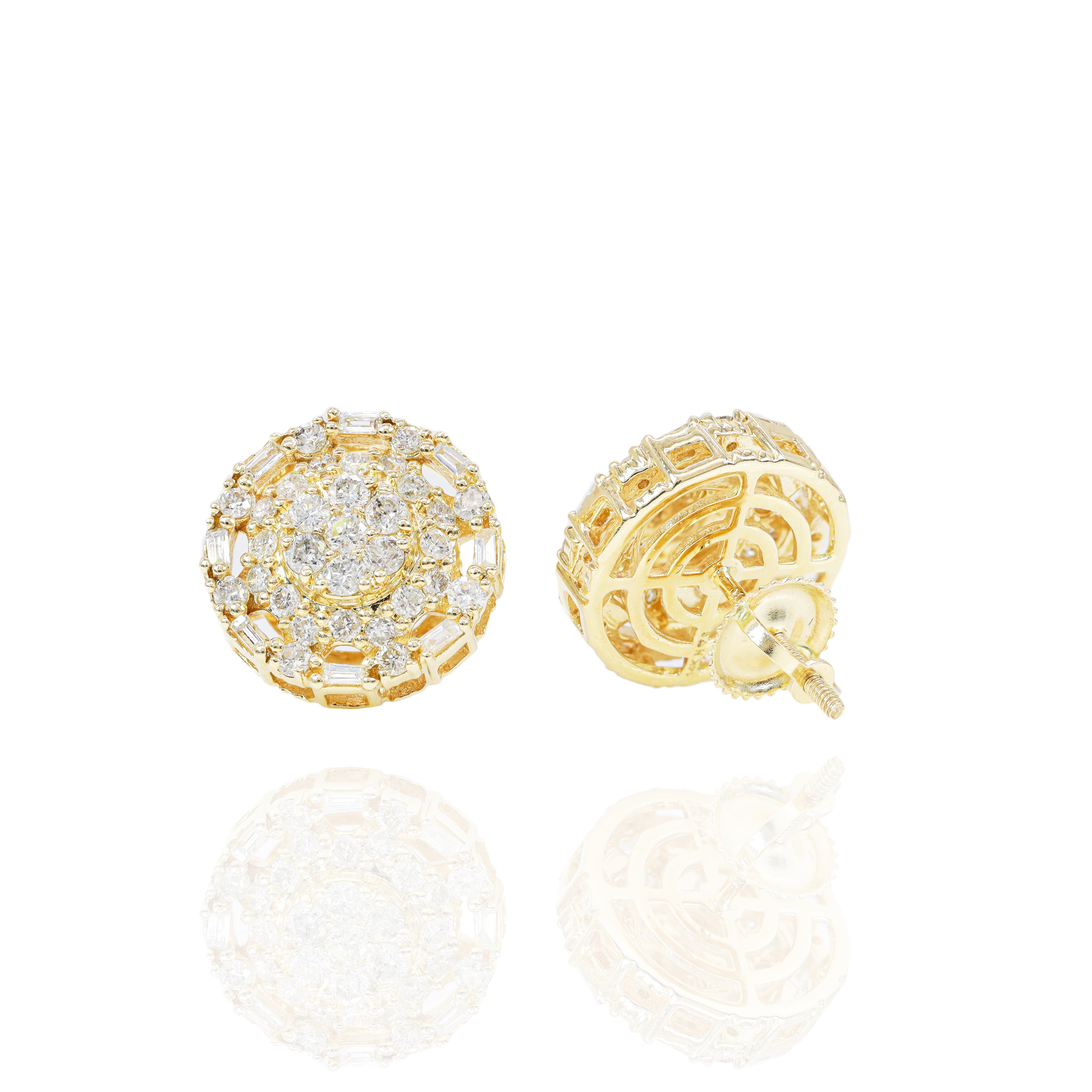 Round Cluster Diamond Earrings with Baguette Diamond Border