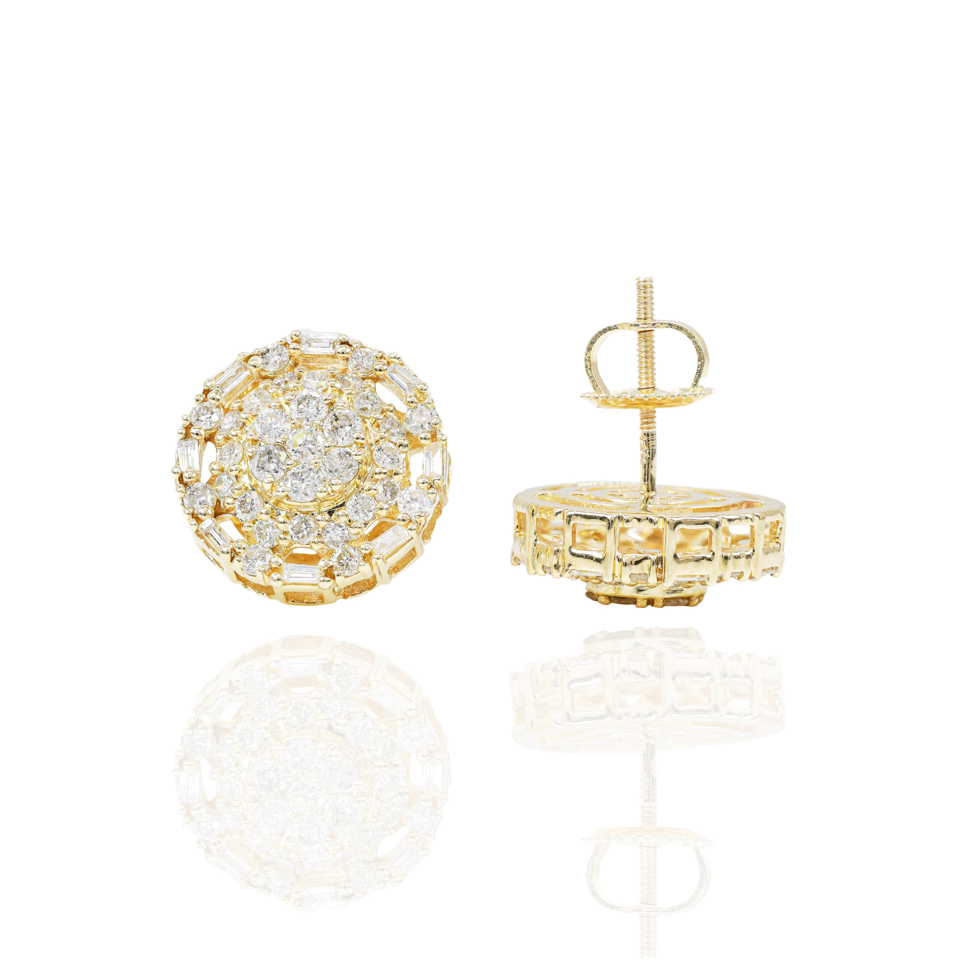 Round Cluster Diamond Earrings with Baguette Diamond Border