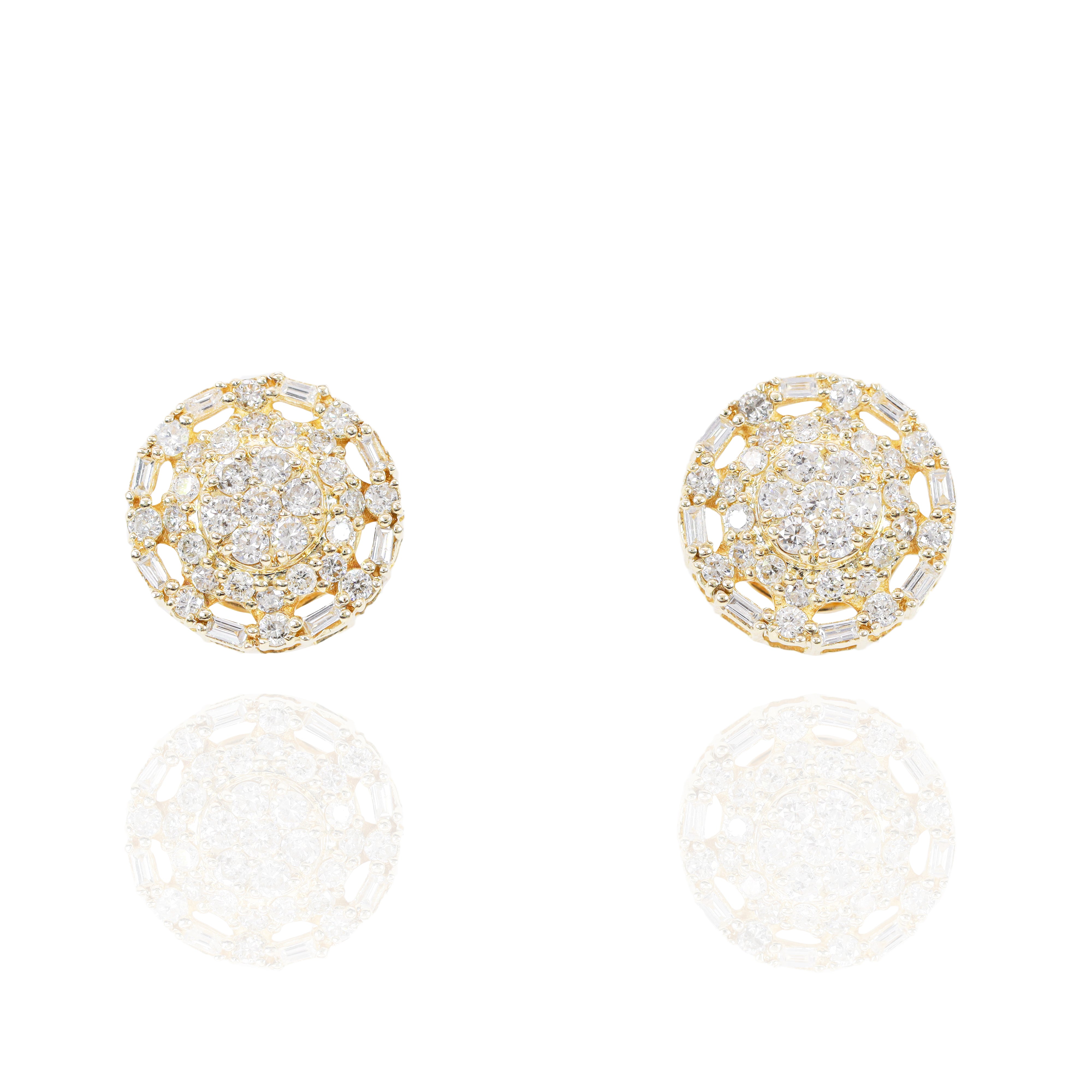 Round Cluster Diamond Earrings with Baguette Diamond Border