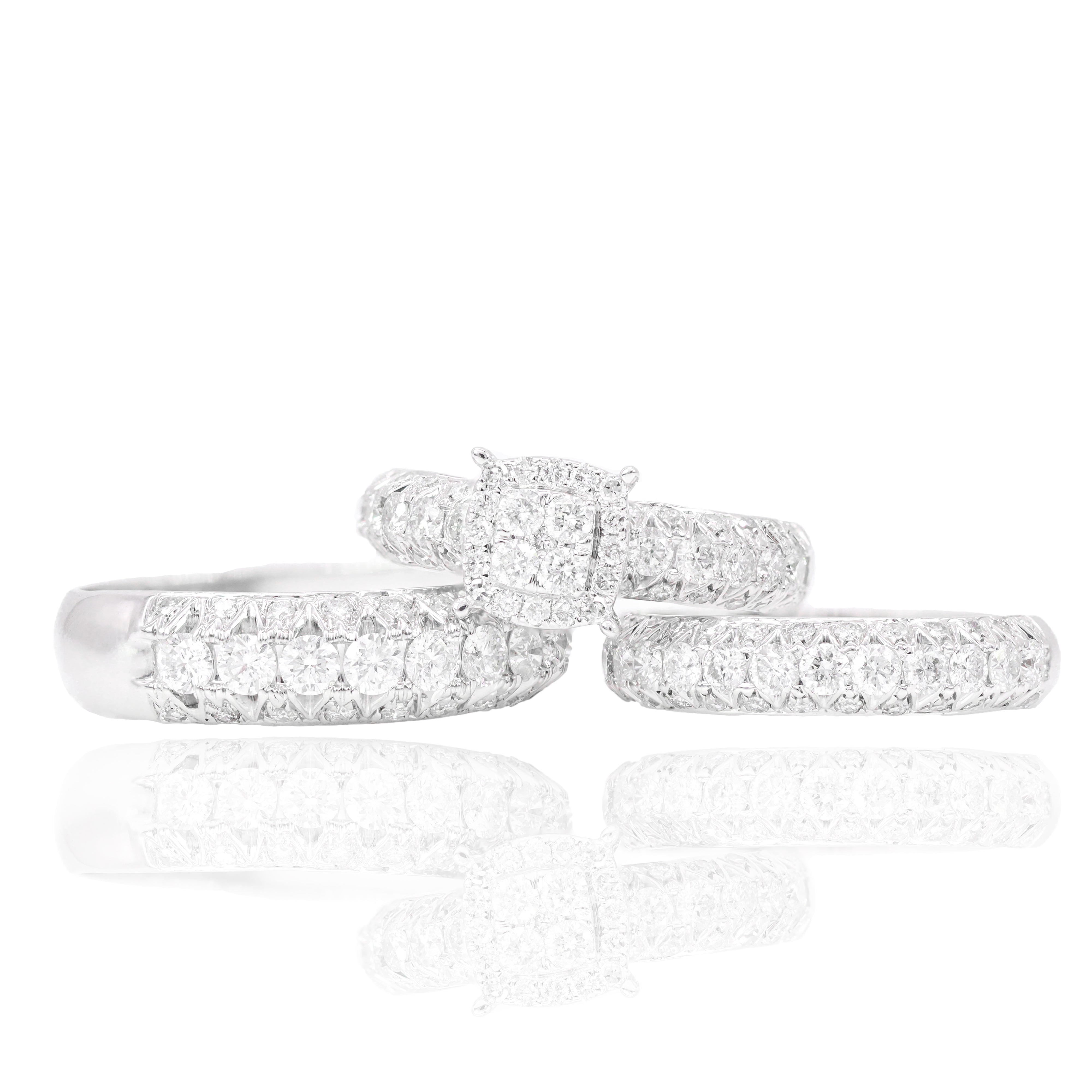 Round Diamond with Halo Engagement Ring with Band & Men's Band (TRIO-SET)