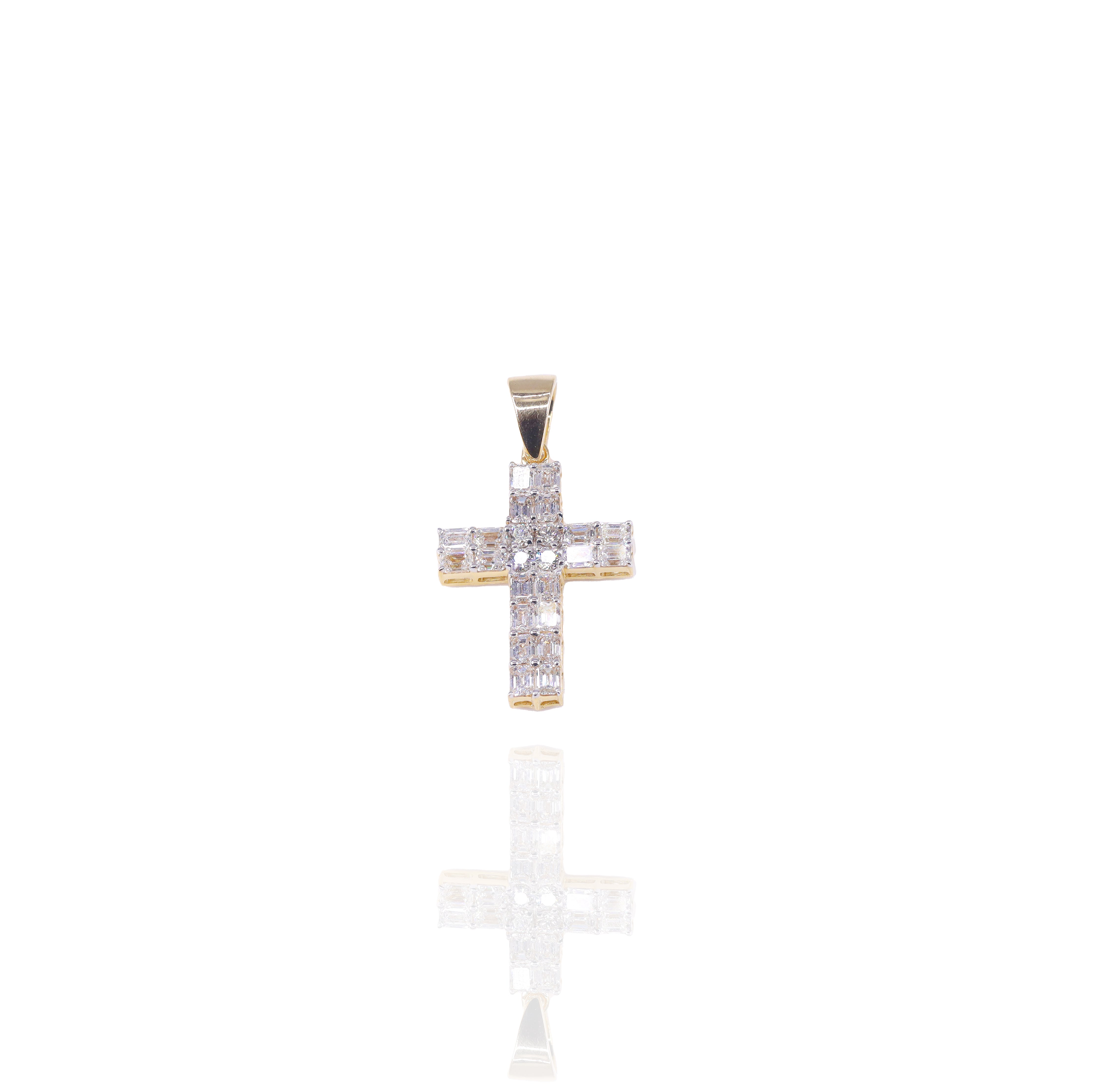Small Baguette Cross Pendant w/ Round Diamond Center