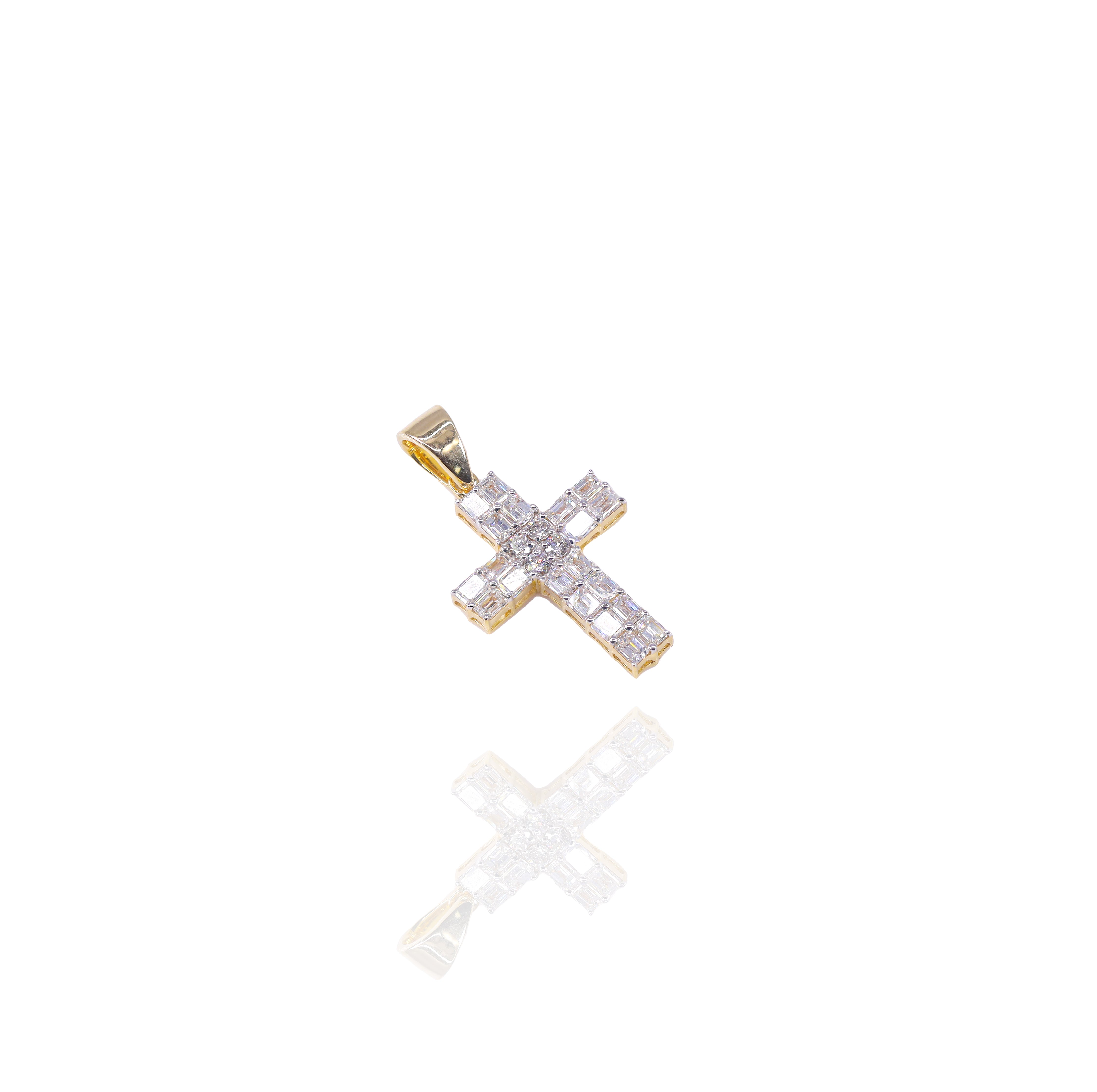 Small Baguette Cross Pendant w/ Round Diamond Center