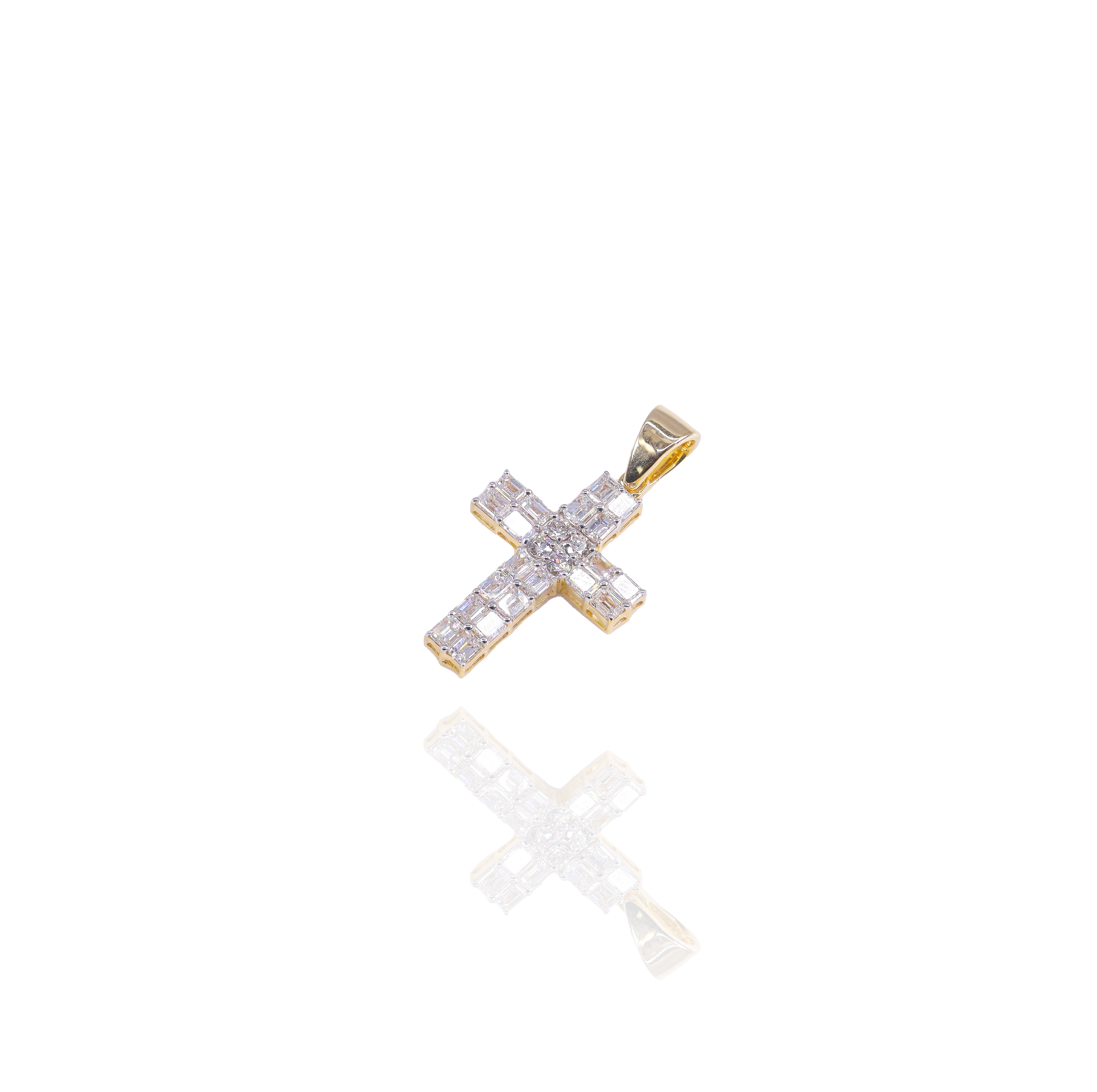 Small Baguette Cross Pendant w/ Round Diamond Center