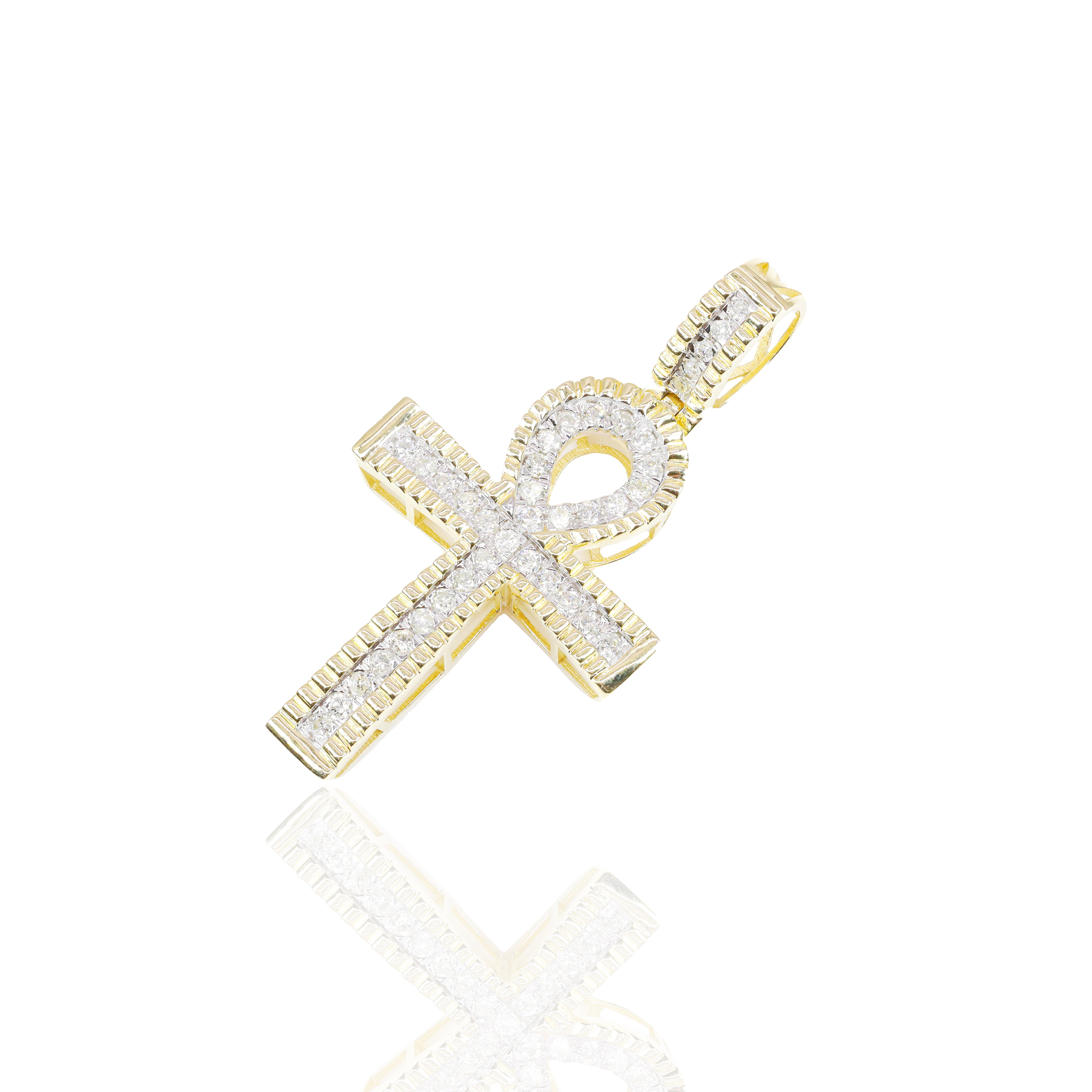 Gold Fluted Border Ankh Diamond Pendant