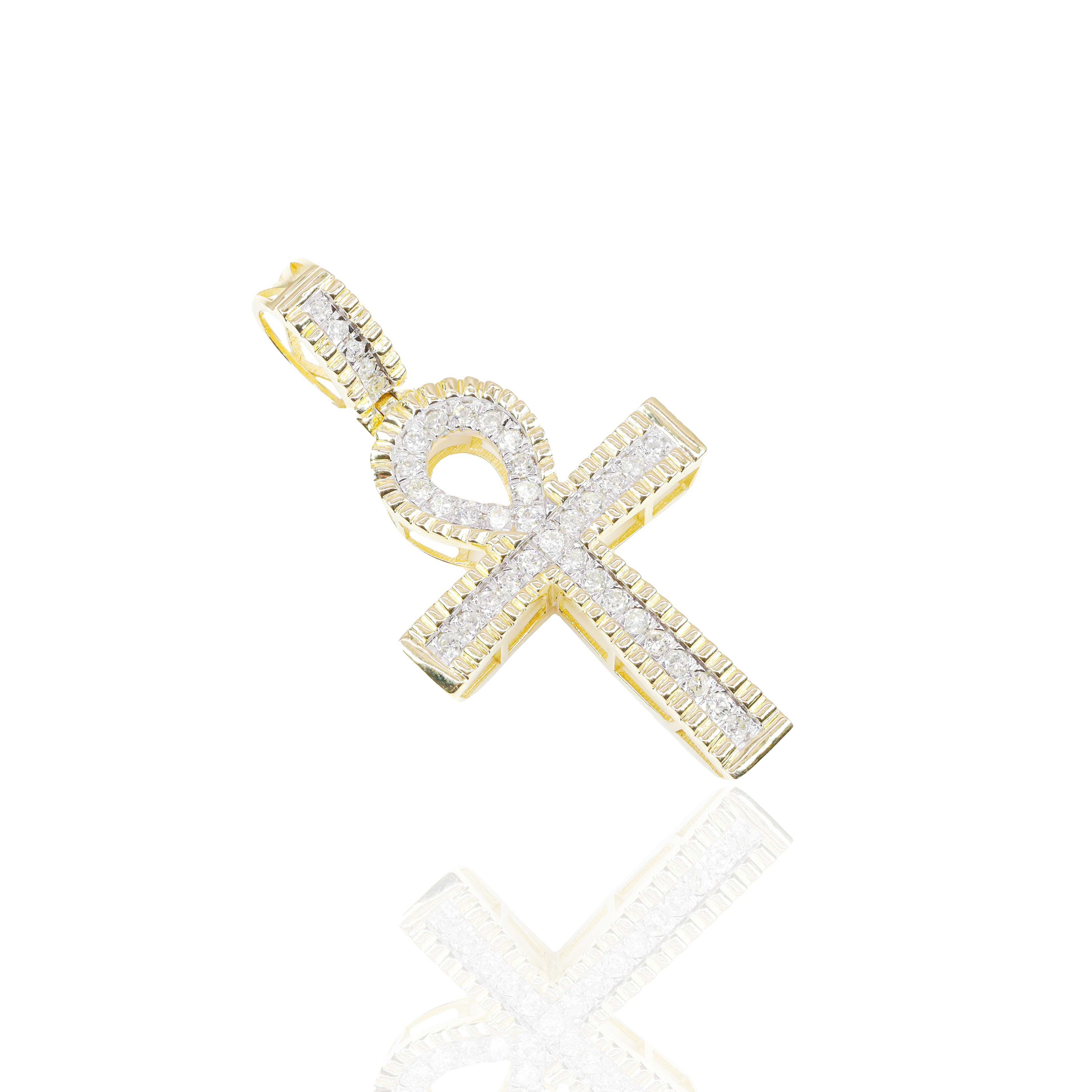 Gold Fluted Border Ankh Diamond Pendant