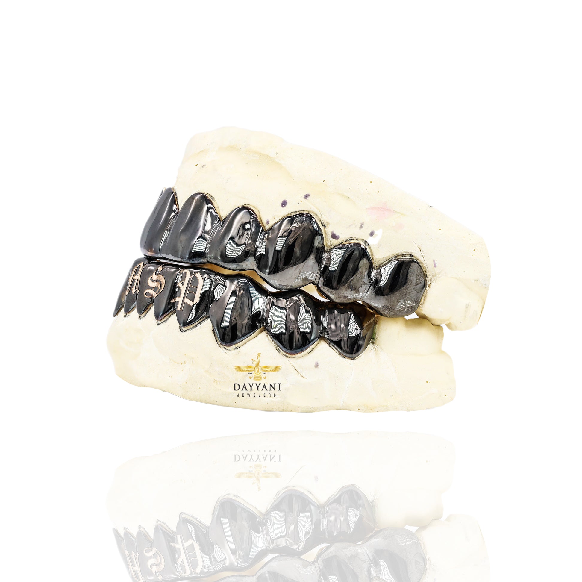 Custom Word/Name Laser Engraving Gold Grillz with Black Rhodium