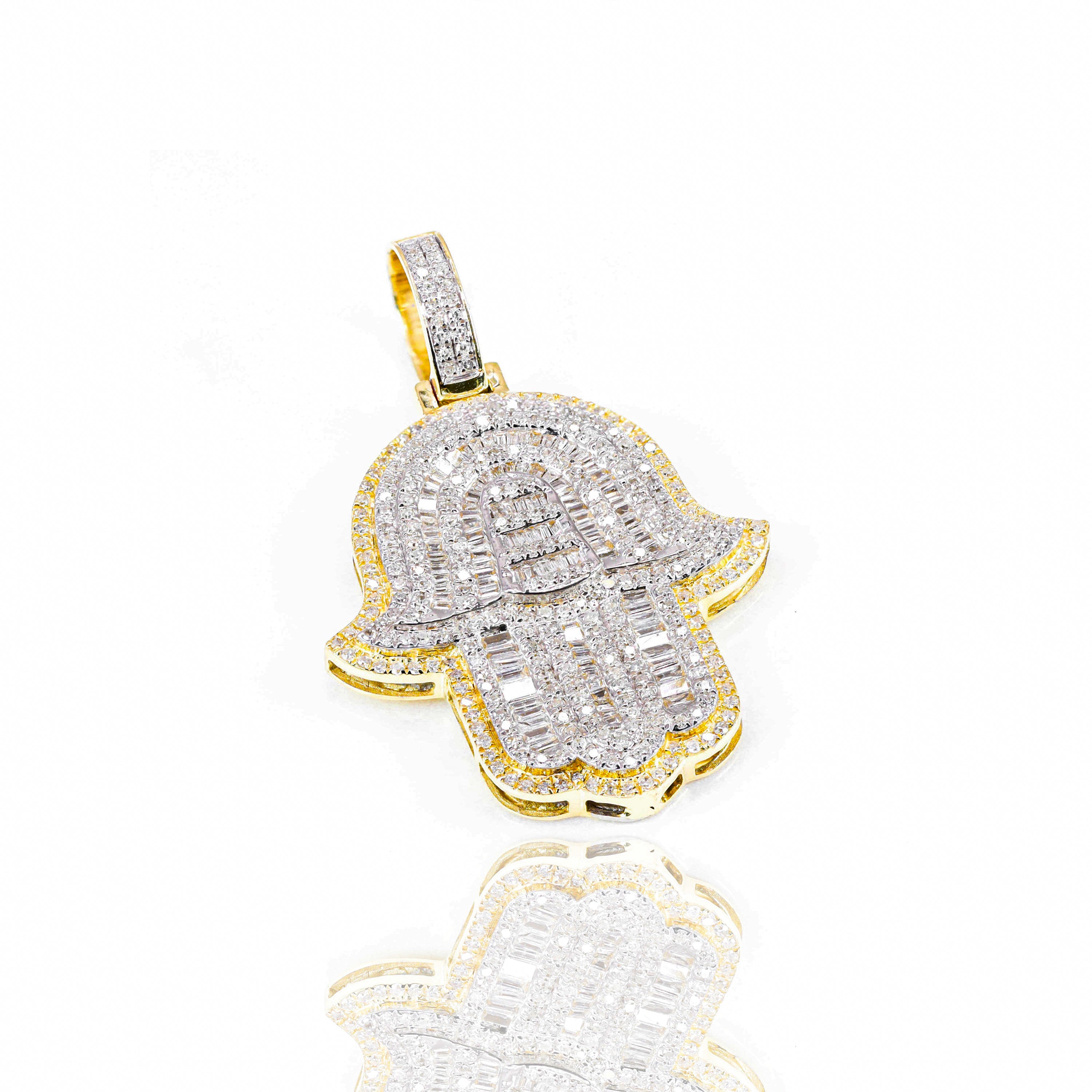 Two-Tone Hamza Hand Baguette Diamond Pendant