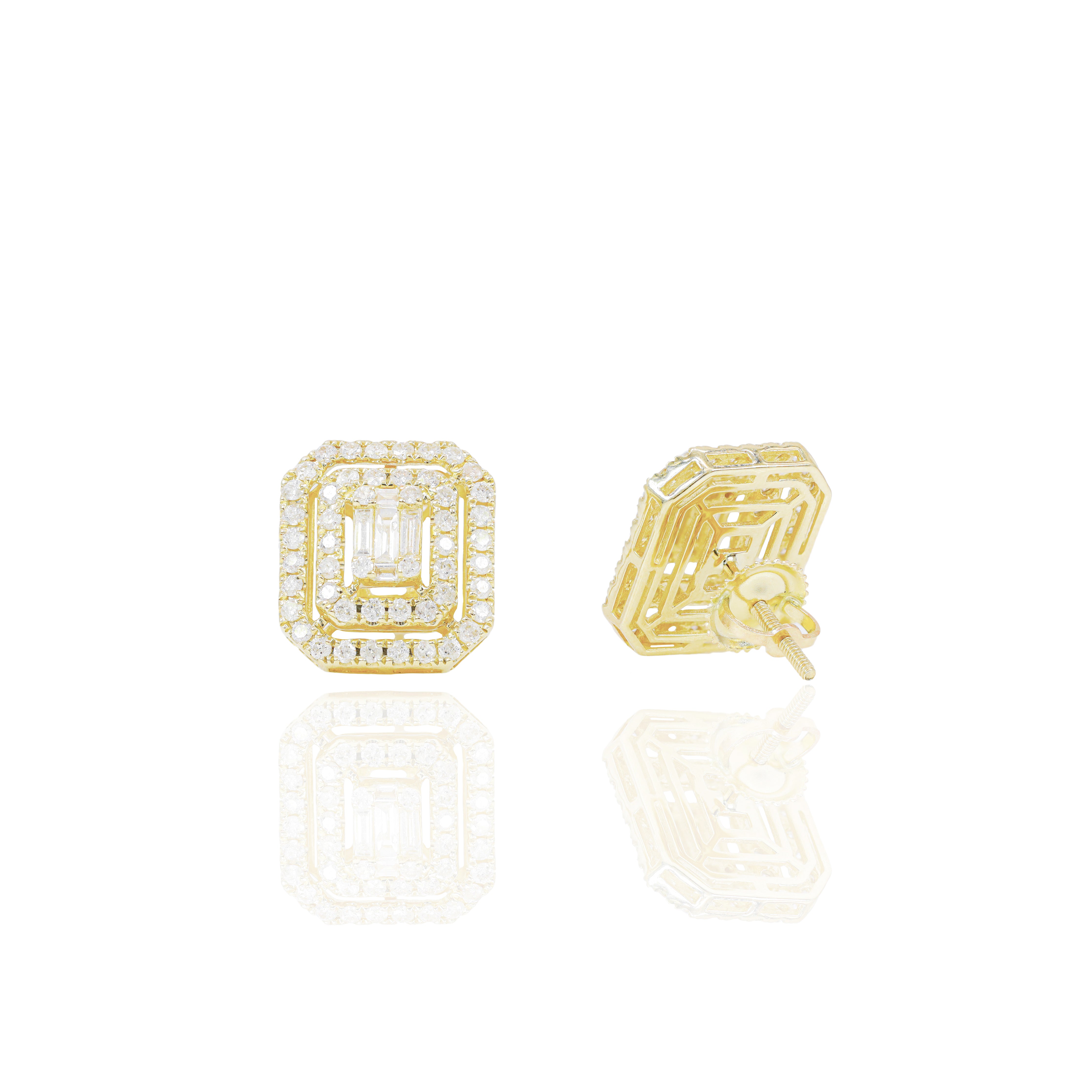 Center Baguette w/ Double Round Diamond Border Diamond Earrings
