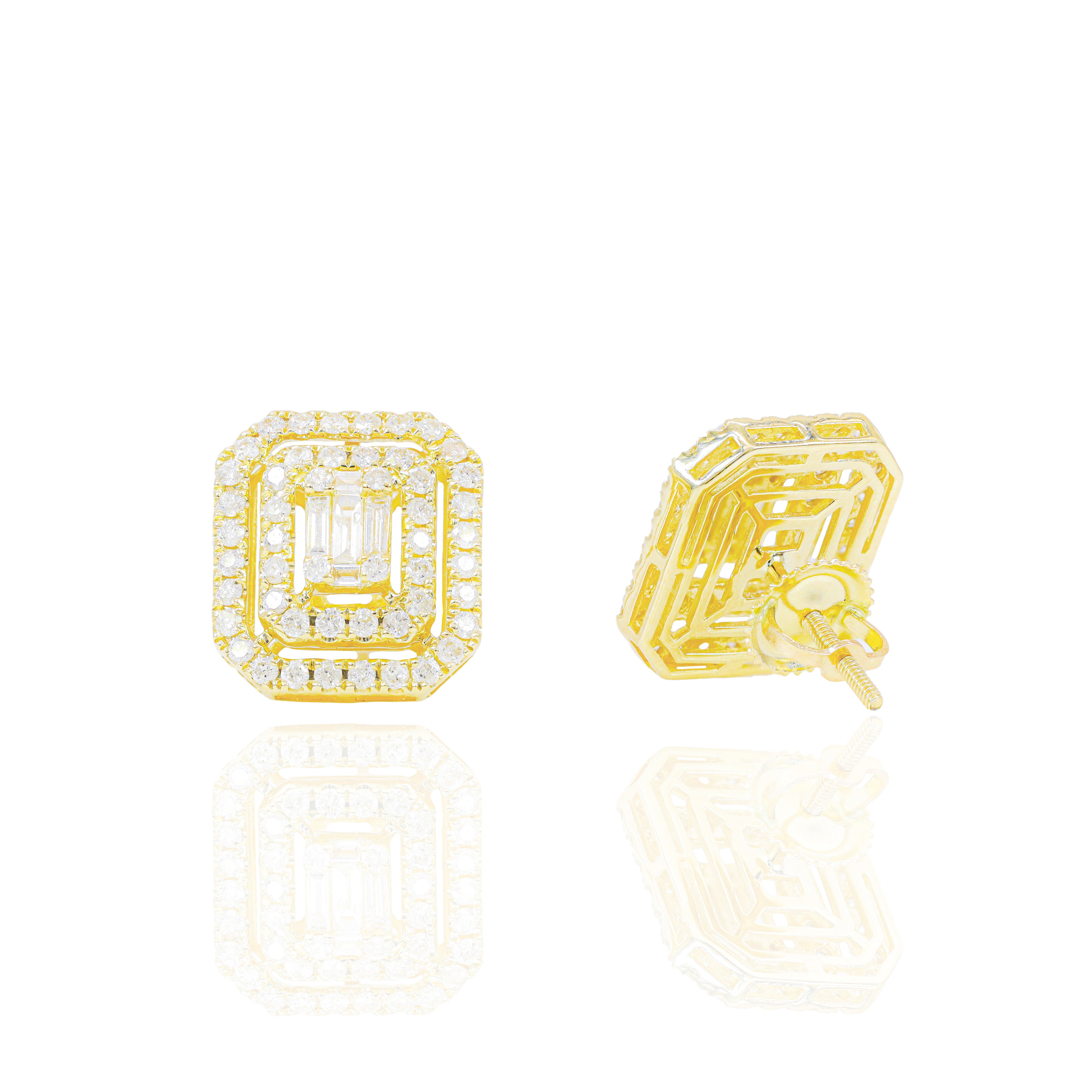 Center Baguette w/ Double Round Diamond Border Diamond Earrings