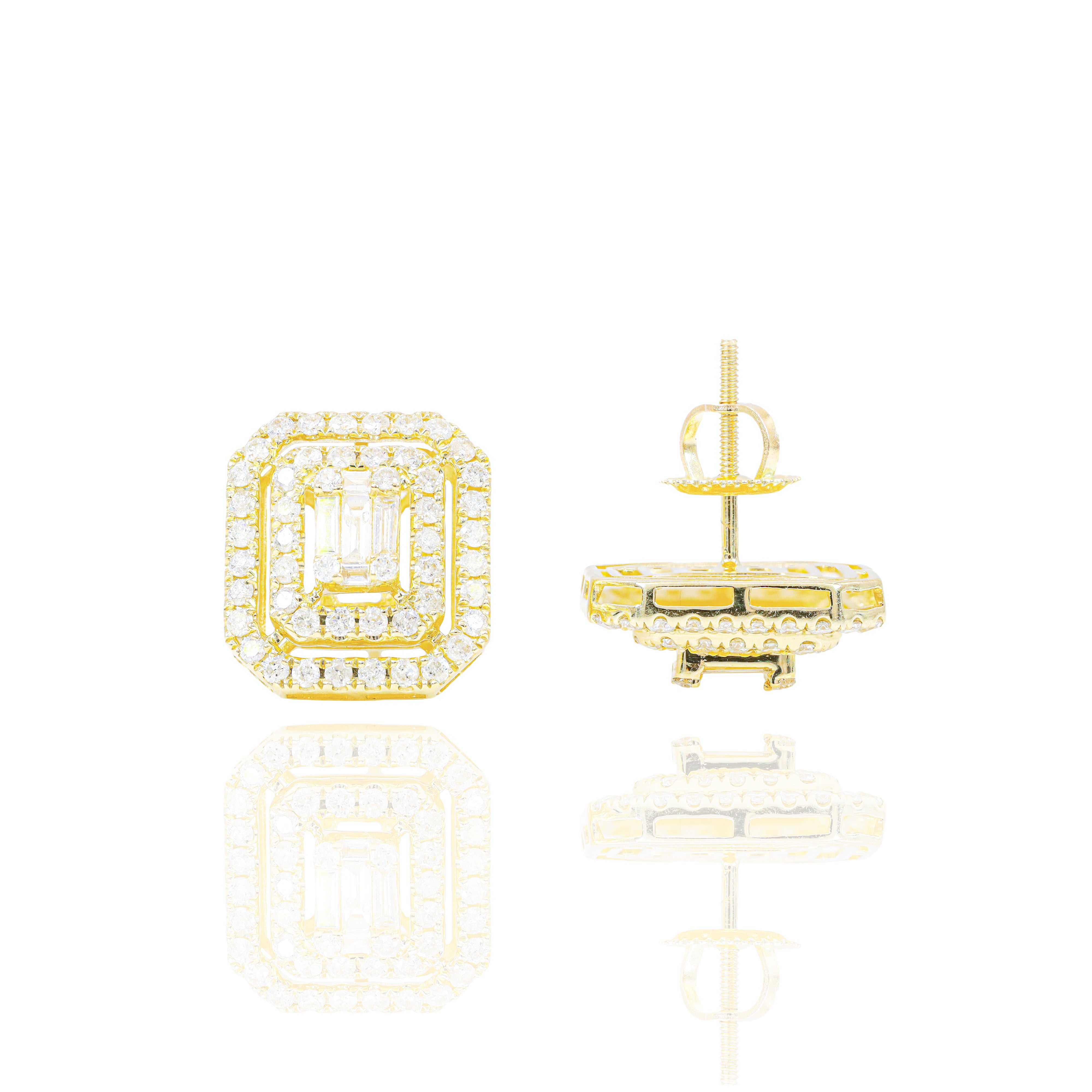 Center Baguette w/ Double Round Diamond Border Diamond Earrings