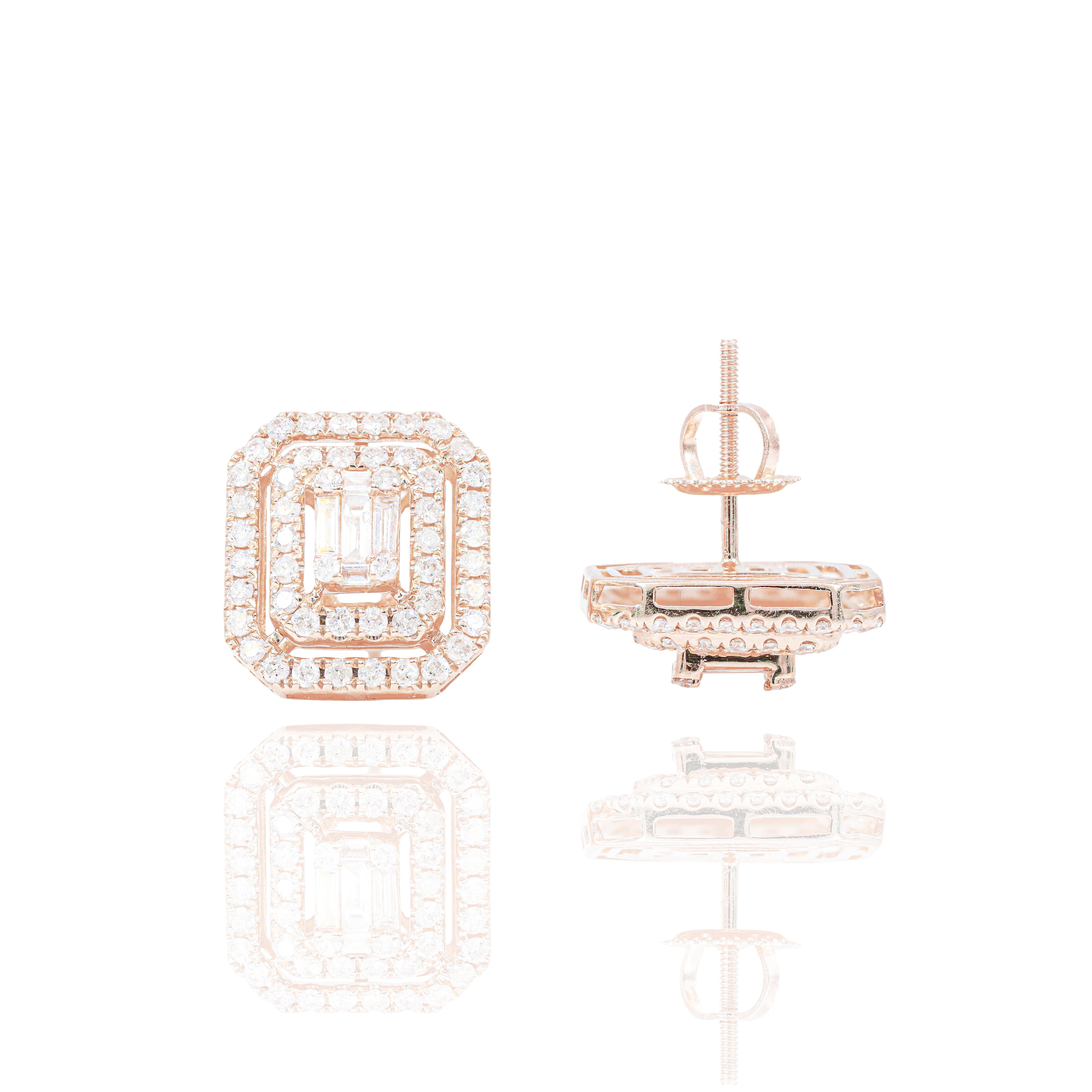 Center Baguette w/ Double Round Diamond Border Diamond Earrings